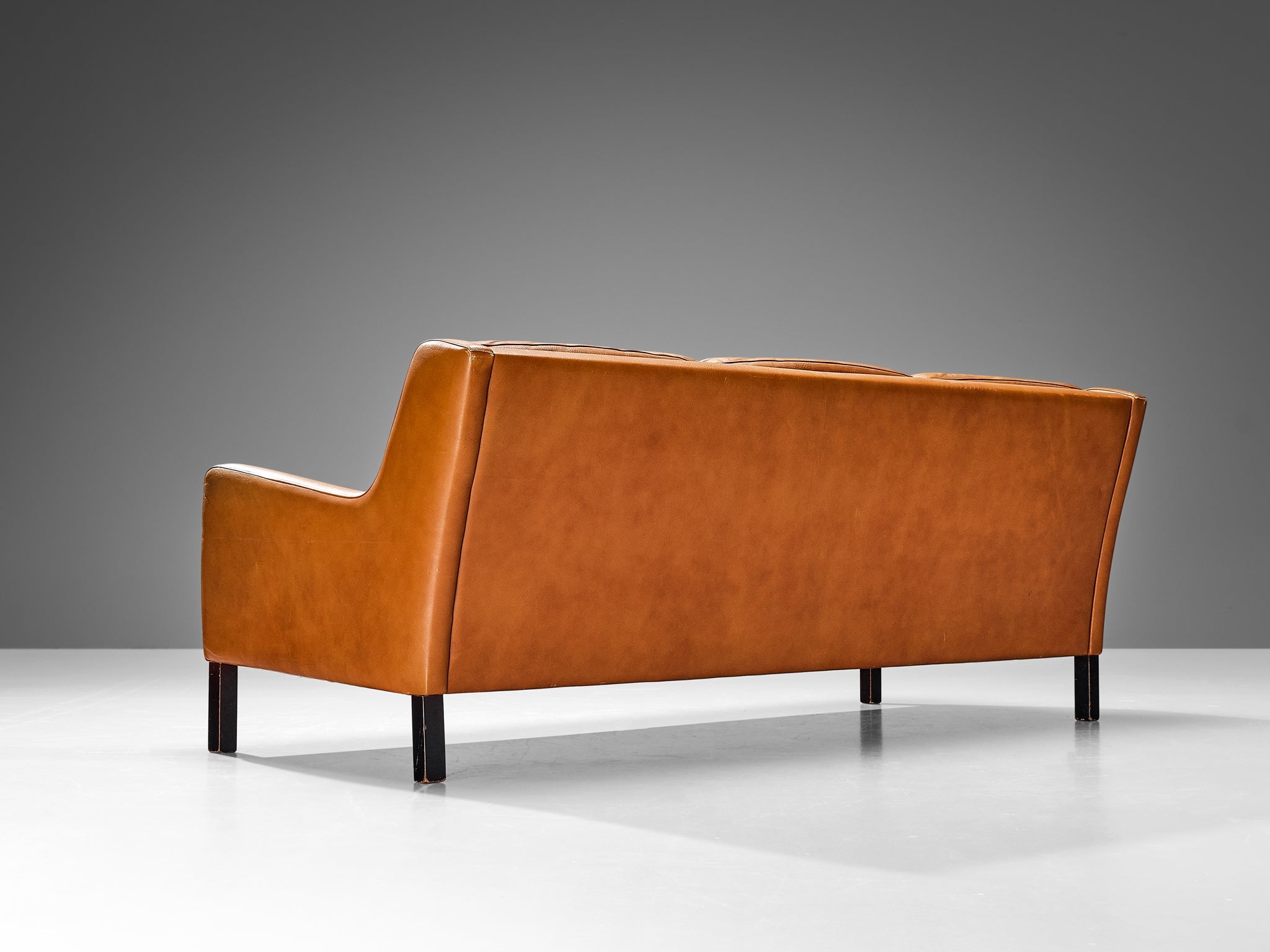 1960s Danish Three-Seat Sofa in Cognac Leather and Wood seating Morentz