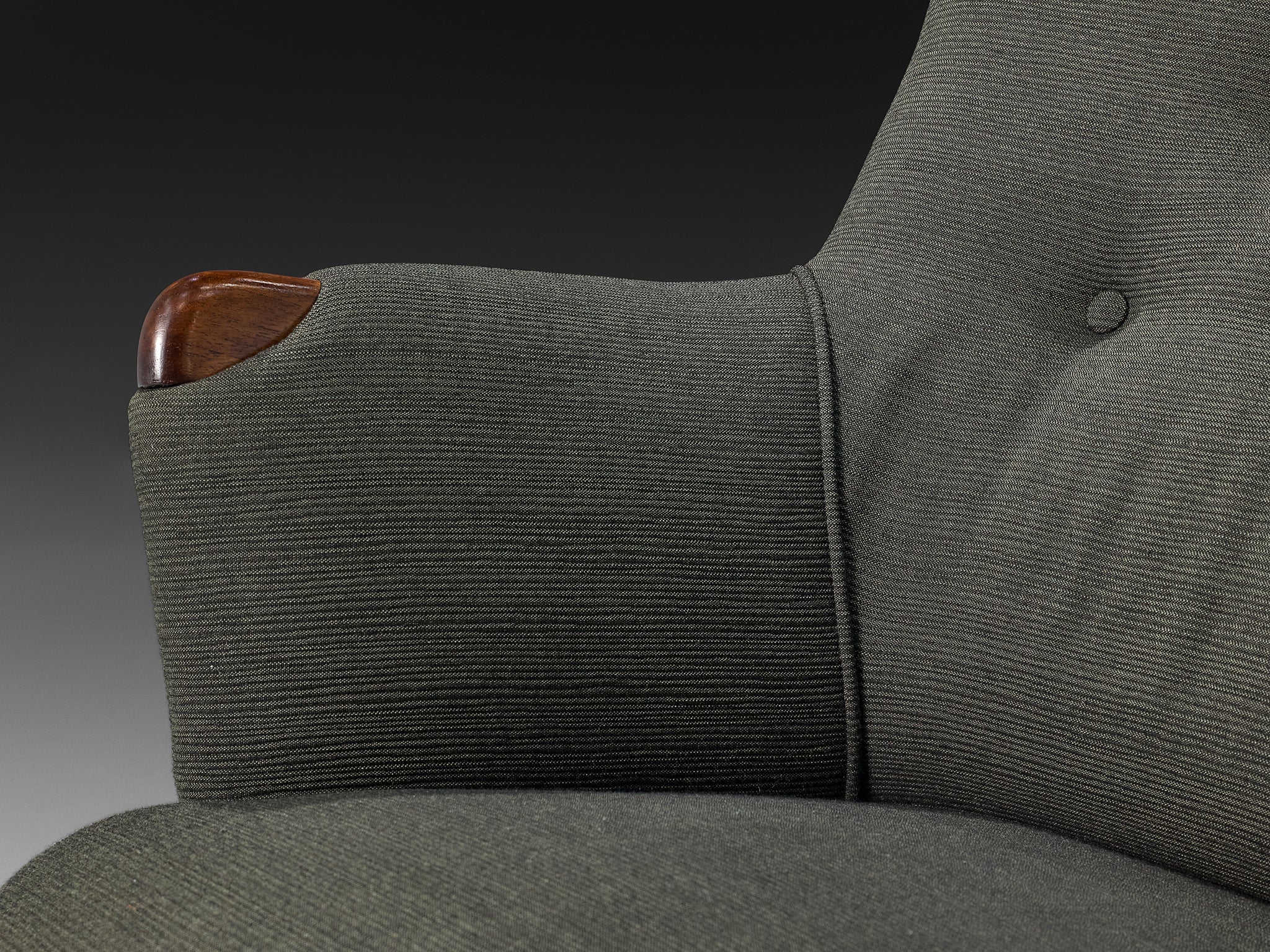 Scandinavian Modern Wingback Lounge Chair in Grey Upholstery and Teak Seating Morentz