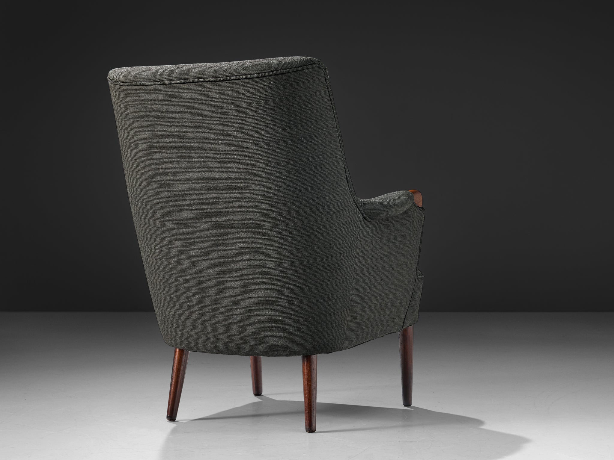 Scandinavian Modern Wingback Lounge Chair in Grey Upholstery and Teak Seating Morentz