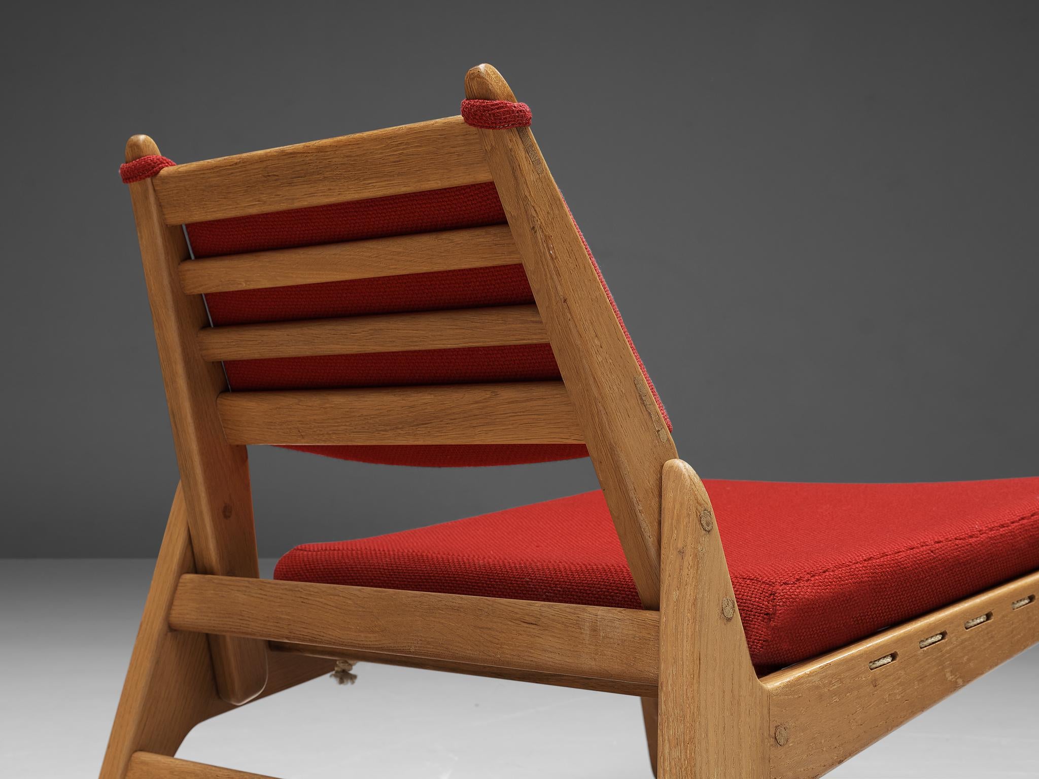 Low Hunting Lounge Chair with Ottoman in Oak and Red Upholstery