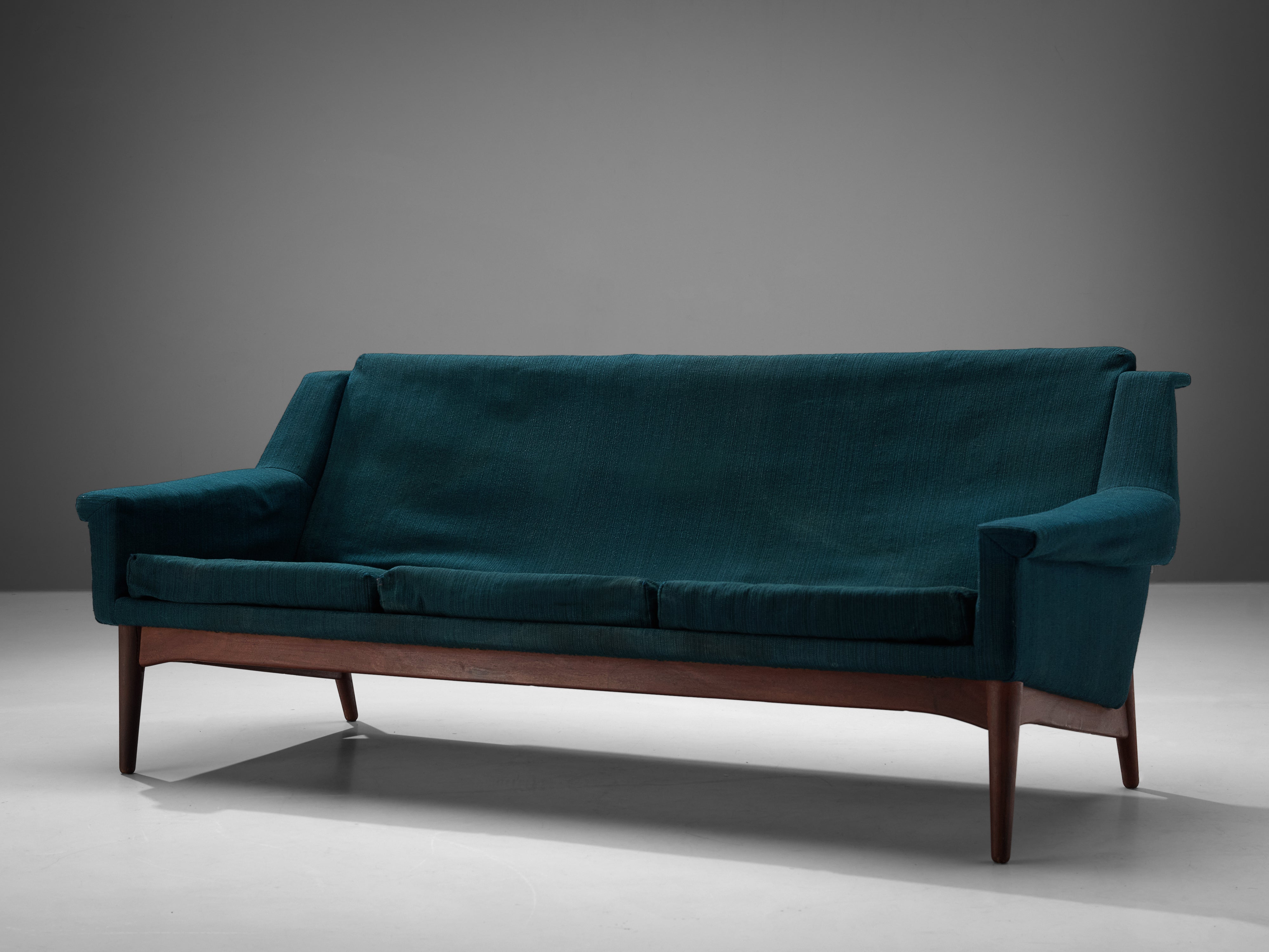 Danish Three-Seat Sofa in Teak and Greenish Blue Upholstery seating Morentz