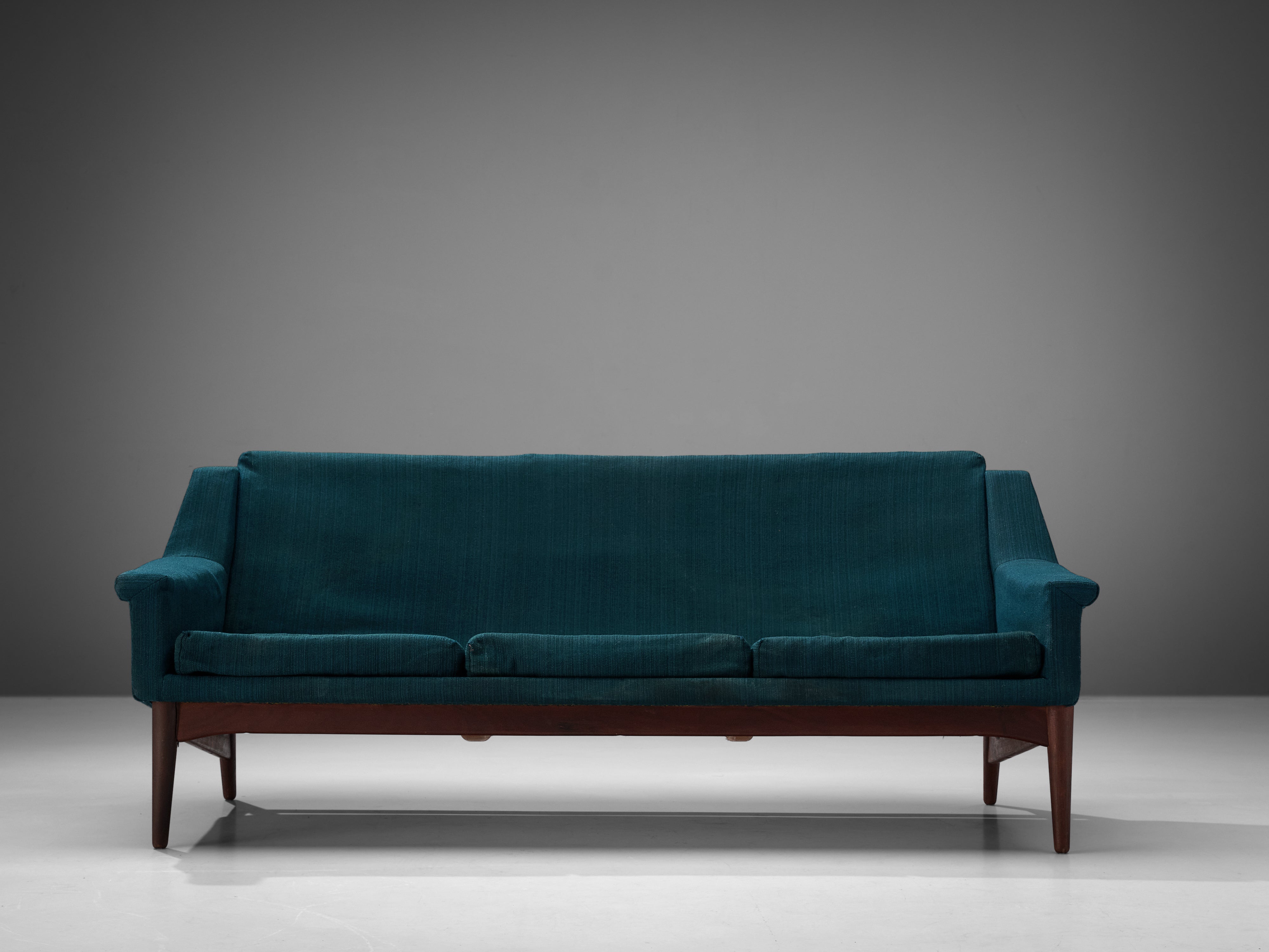 Danish Three-Seat Sofa in Teak and Greenish Blue Upholstery seating Morentz