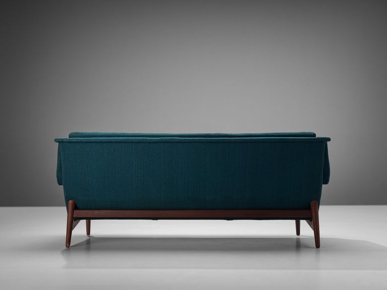 Danish Three-Seat Sofa in Teak and Greenish Blue Upholstery