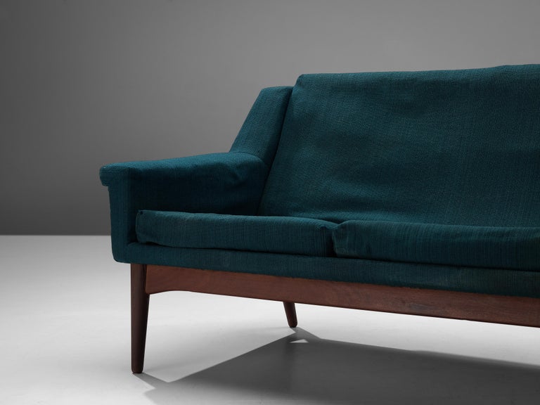 Danish Three-Seat Sofa in Teak and Greenish Blue Upholstery
