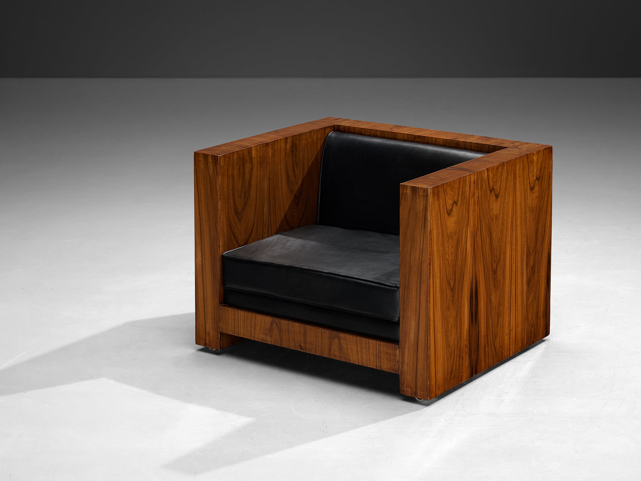 Italian Cubic Lounge Chair in Walnut and Black Upholstery