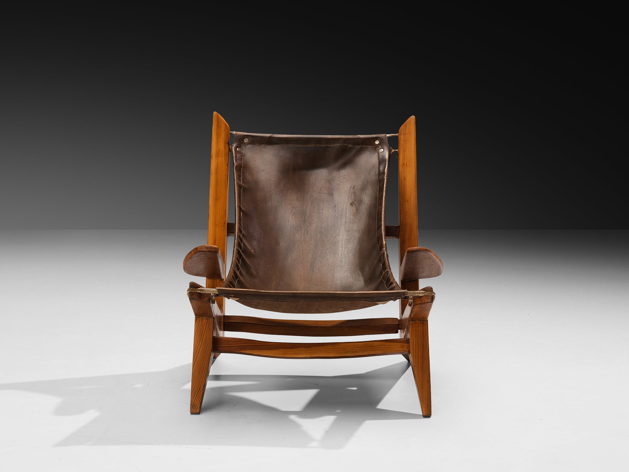 French Hunting Chairs in Pine and Brown Leather Seating Morentz