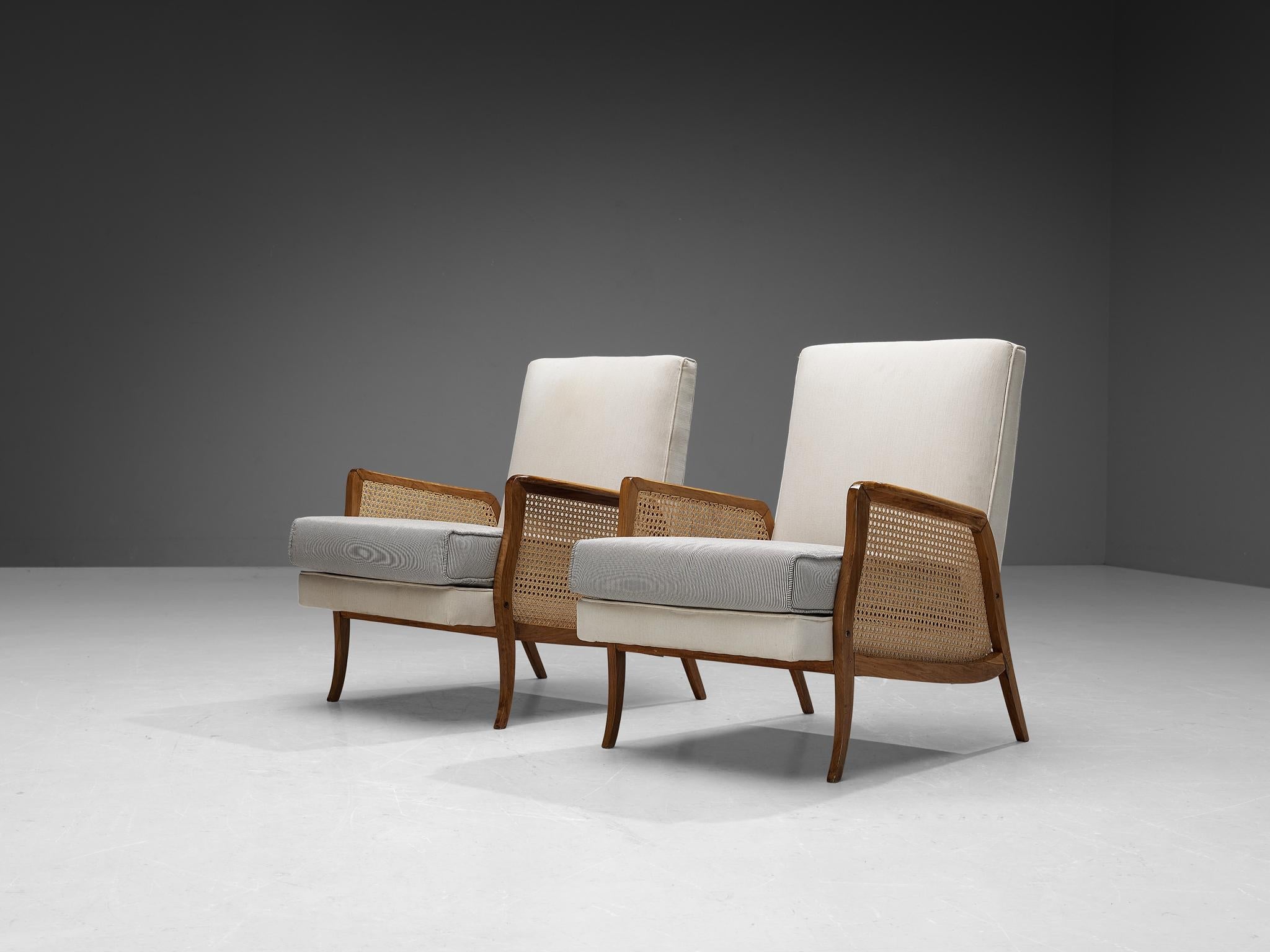 Brazilian Lounge Chairs in Walnut and Cane