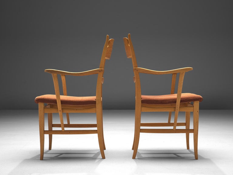 Carl Malmsten Pair of Armchairs in Oak and Brown Upholstery
