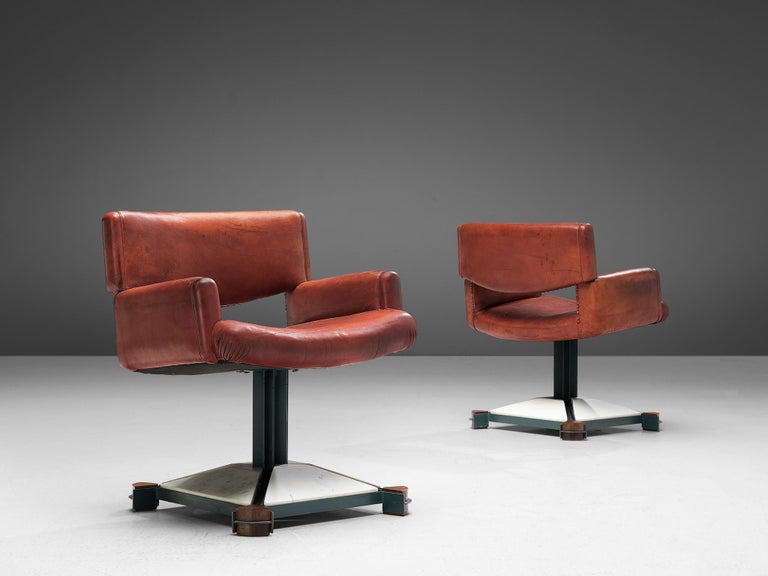 Italian Pair of Armchairs in Original Patinated Red Leather