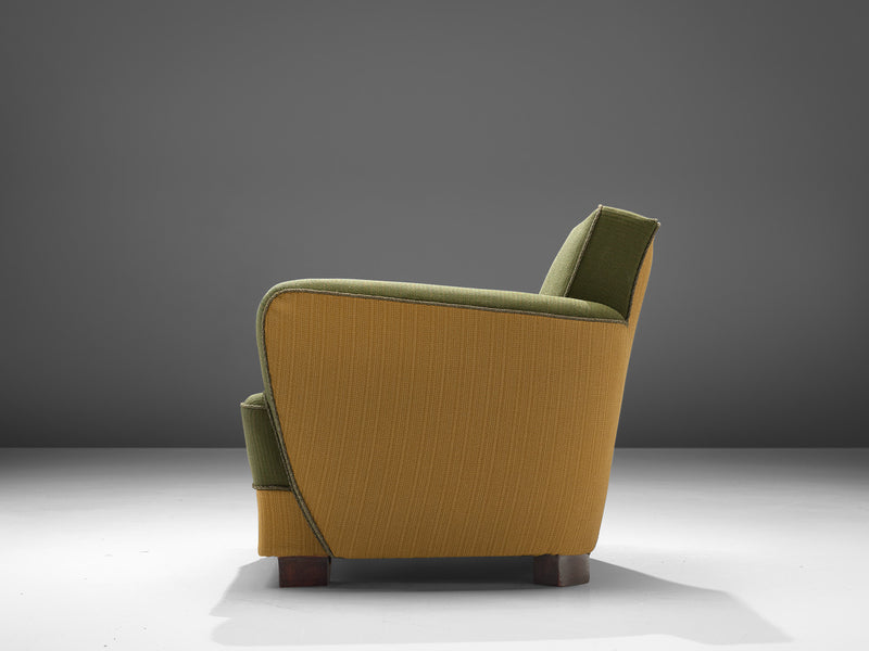 1930s Danish Cabinetmaker Easy Chair in Original Green Yellow Upholstery