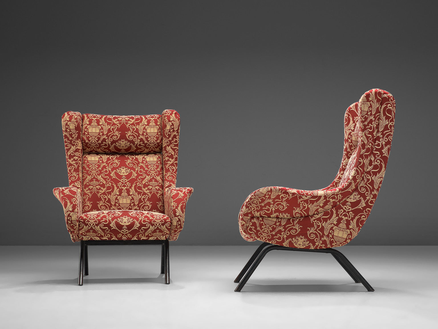 Italian Pair of Lounge Chairs in Red Decorative Upholstery Seating Morentz