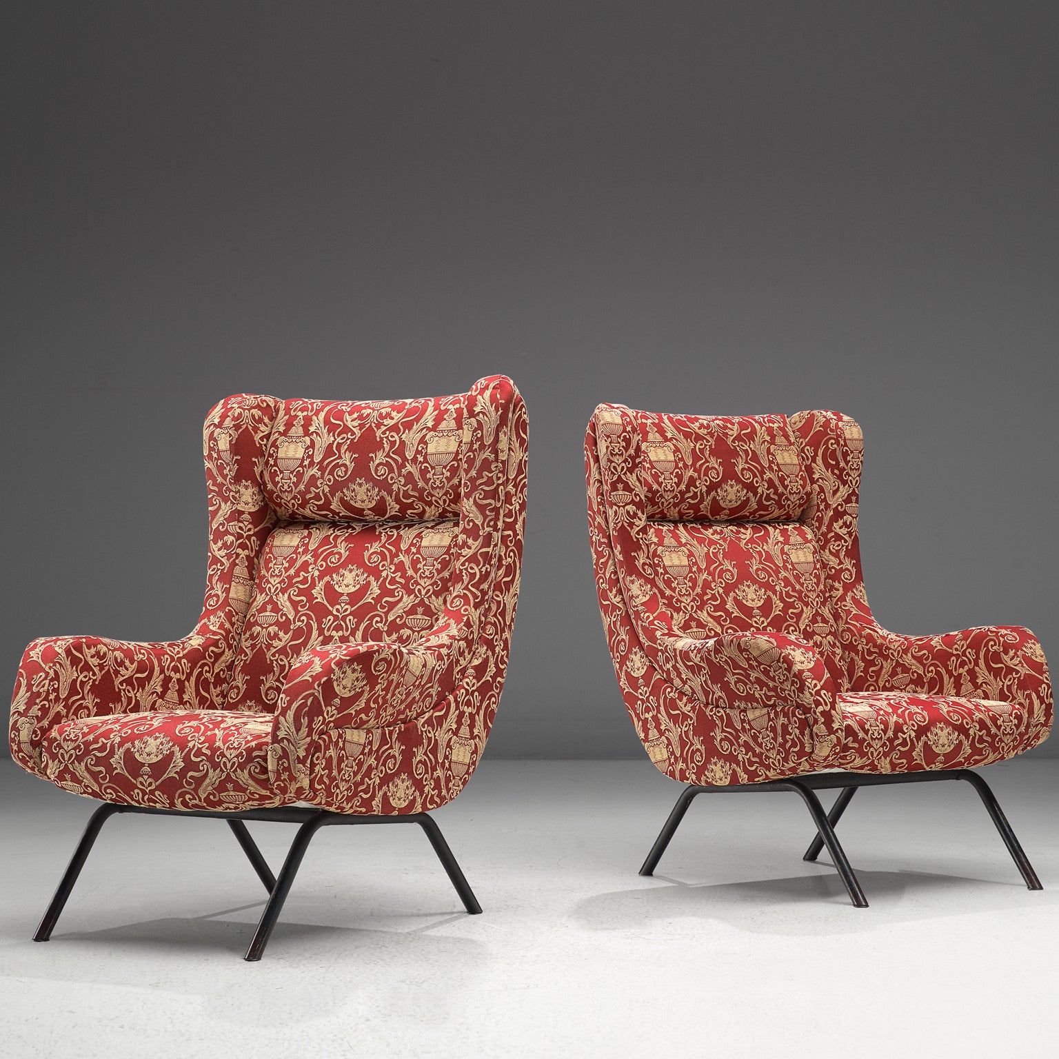 Italian Pair of Lounge Chairs in Red Decorative Upholstery Seating Morentz