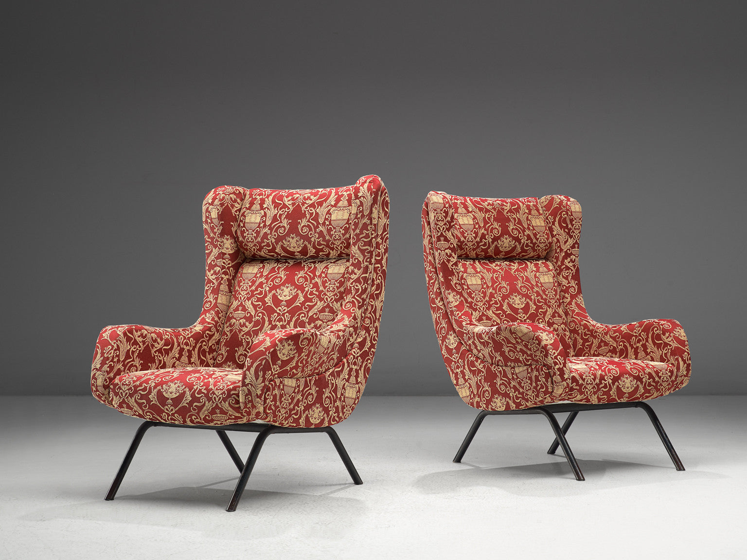 Italian Pair of Lounge Chairs in Red Decorative Upholstery Seating Morentz