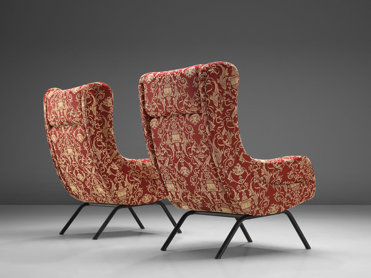 Italian Pair of Lounge Chairs in Red Decorative Upholstery Seating Morentz