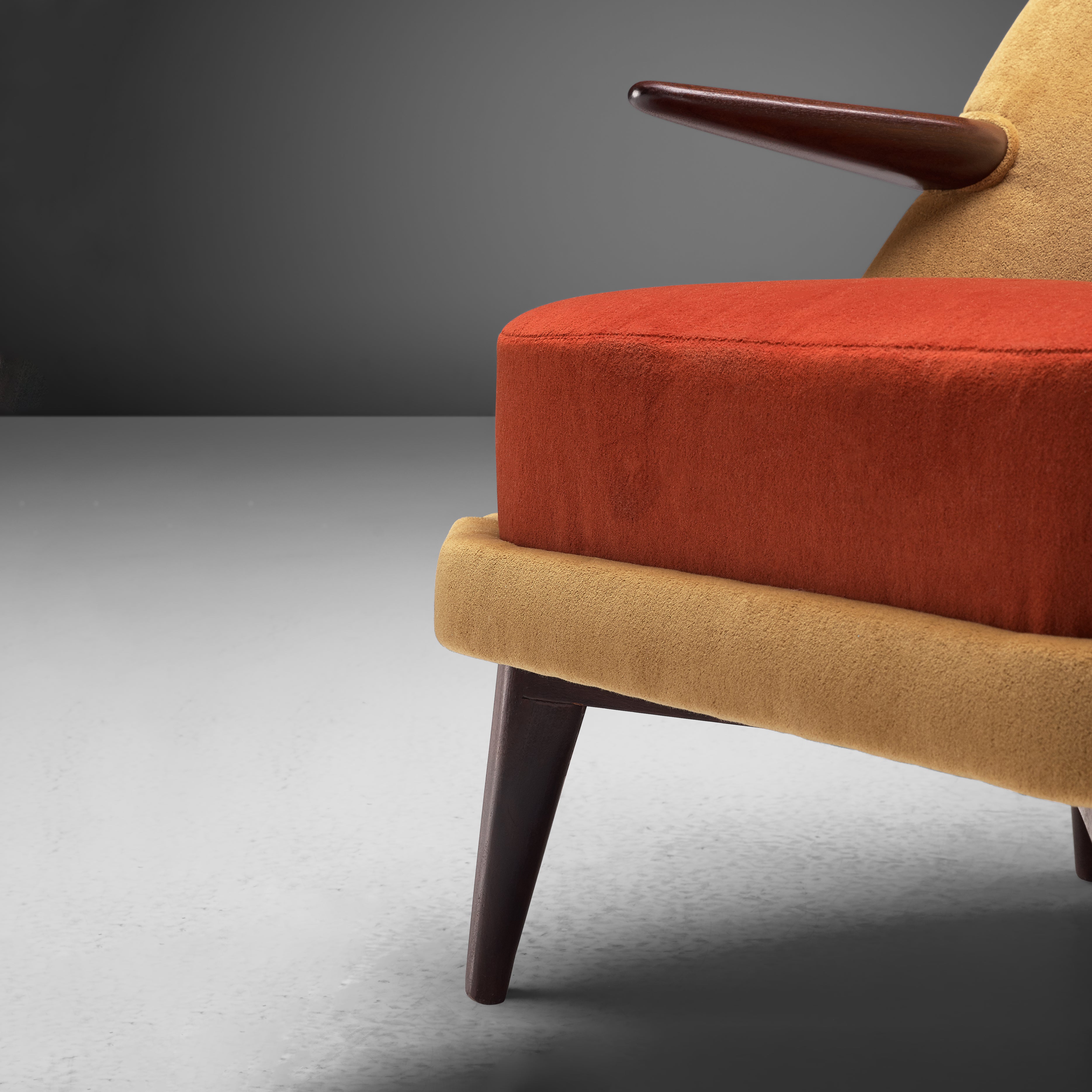Reupholstered Pair of Danish Modern Lounge Chair in Ocher Yellow and Red Velvet Seating Morentz