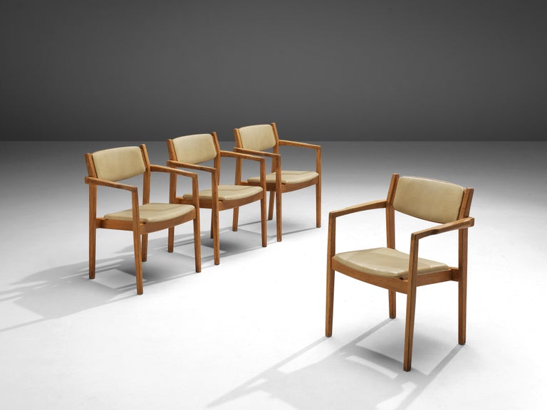 Danish Set of Four Armchairs in Oak and Beige Leatherette
