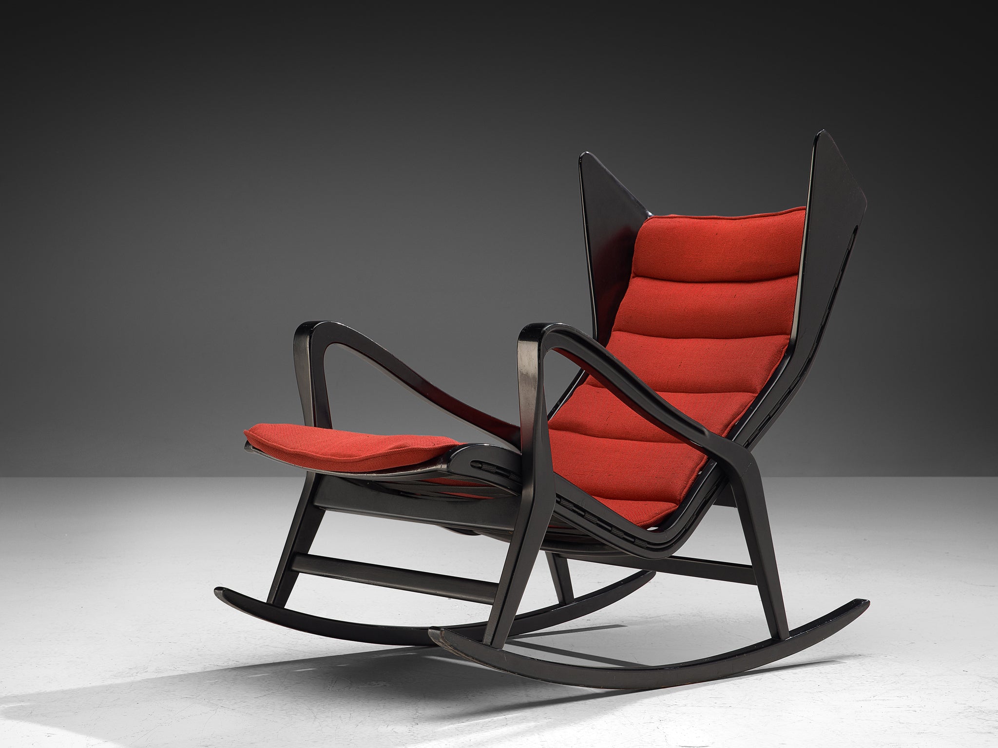 Studio Cassina '572' Rocking Chair in Ebonized Wood and Red Upholstery Seating Morentz