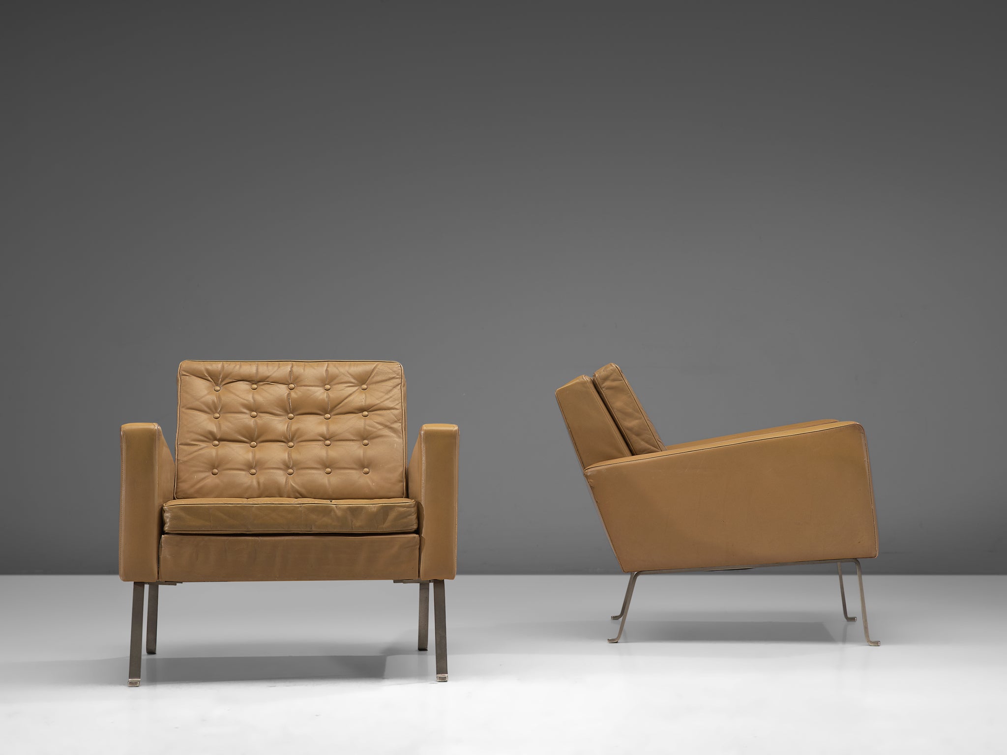 Roland Ranier Pair of Easy Chairs in Beige Leather and Metal Seating Morentz