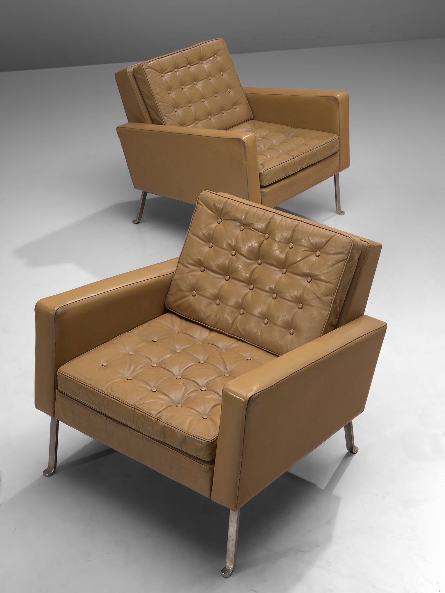 Roland Ranier Pair of Easy Chairs in Beige Leather and Metal Seating Morentz