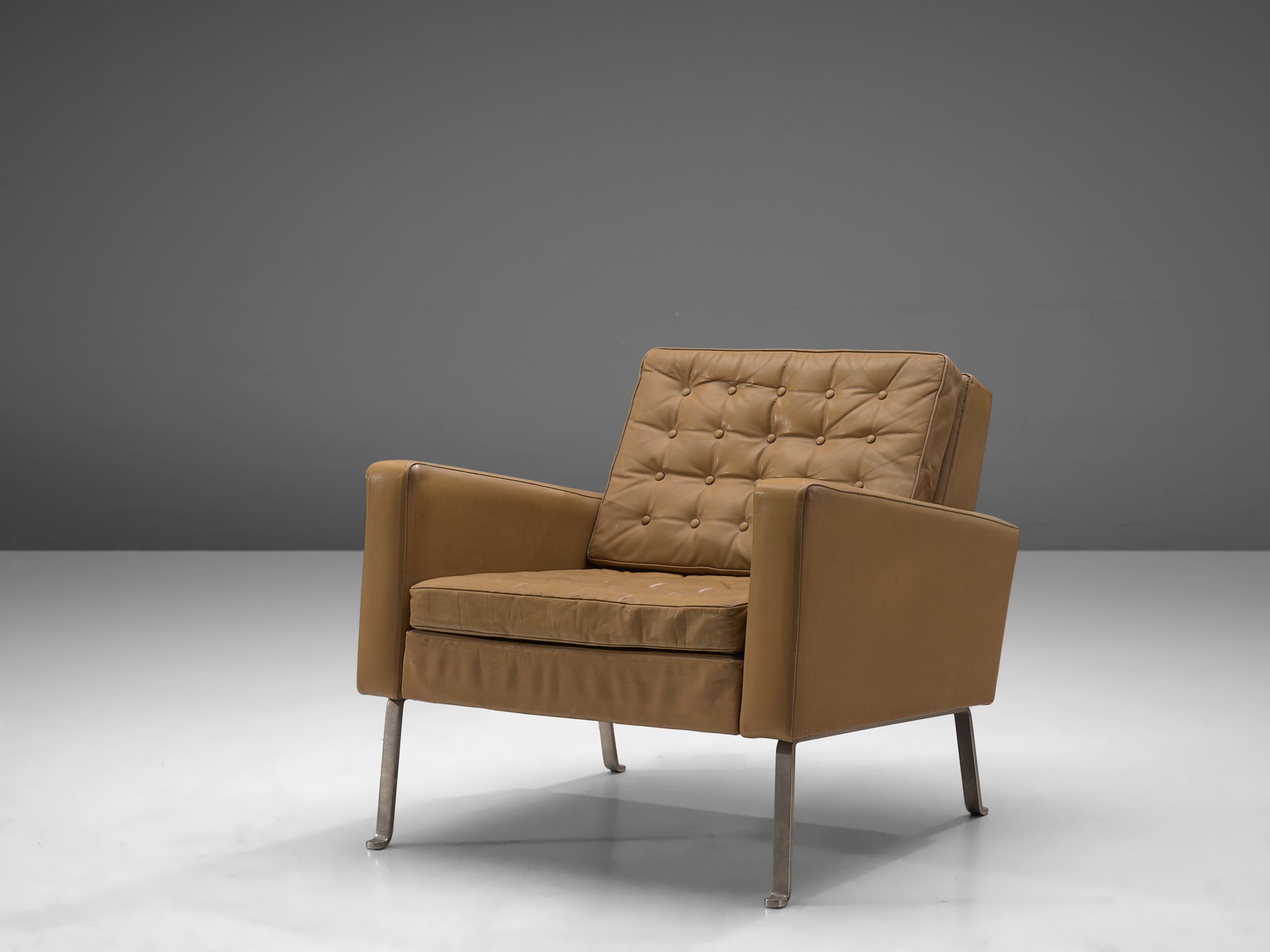 Roland Ranier Pair of Easy Chairs in Beige Leather and Metal Seating Morentz