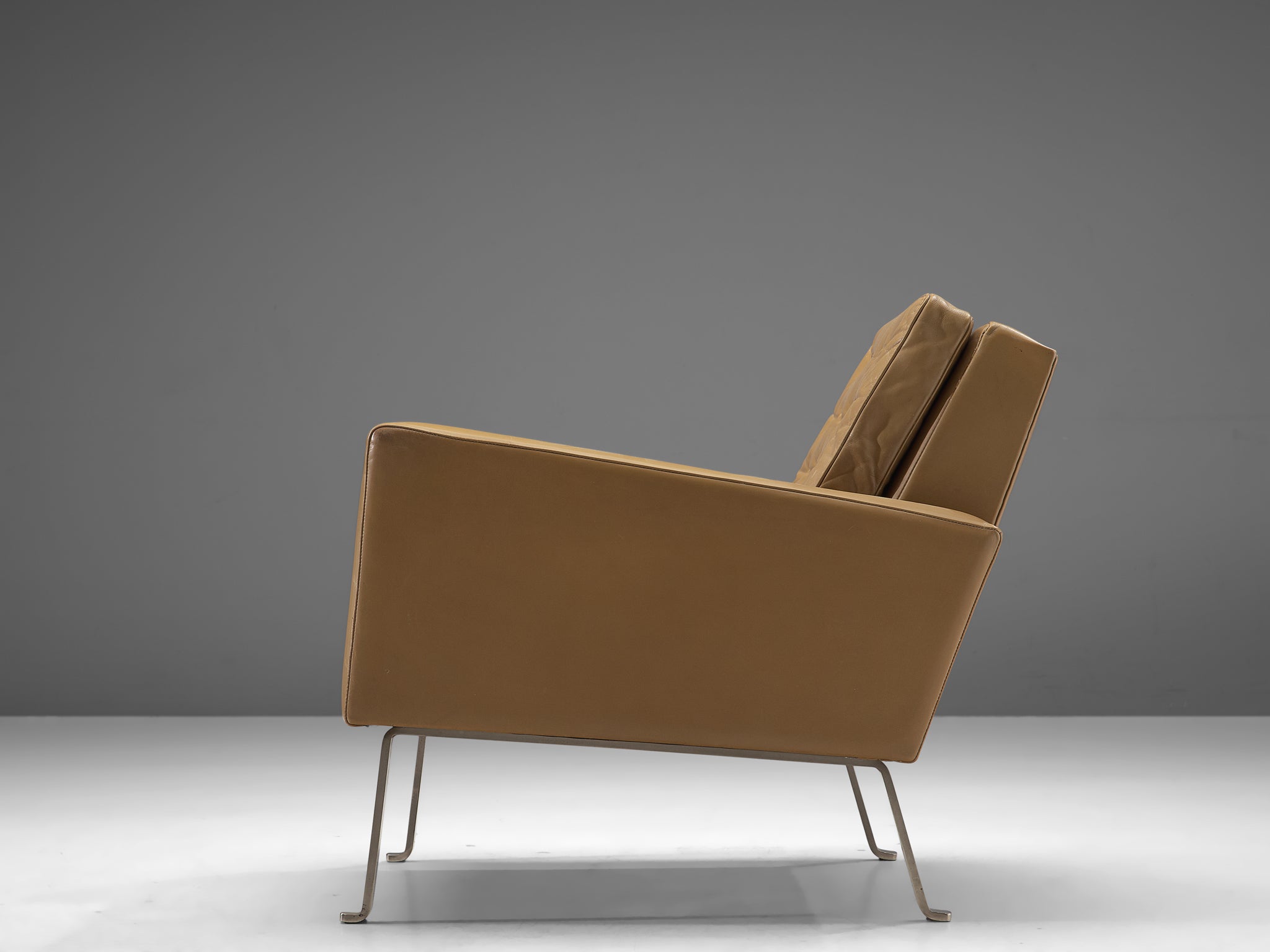 Roland Ranier Pair of Easy Chairs in Beige Leather and Metal Seating Morentz