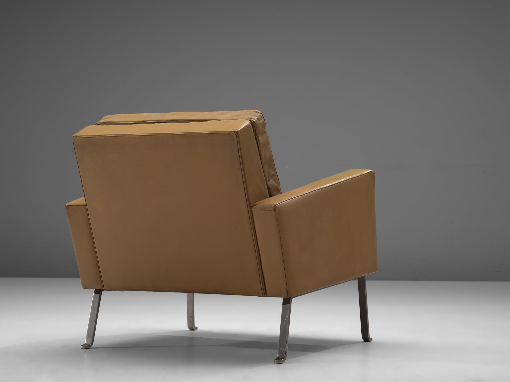 Roland Ranier Pair of Easy Chairs in Beige Leather and Metal Seating Morentz