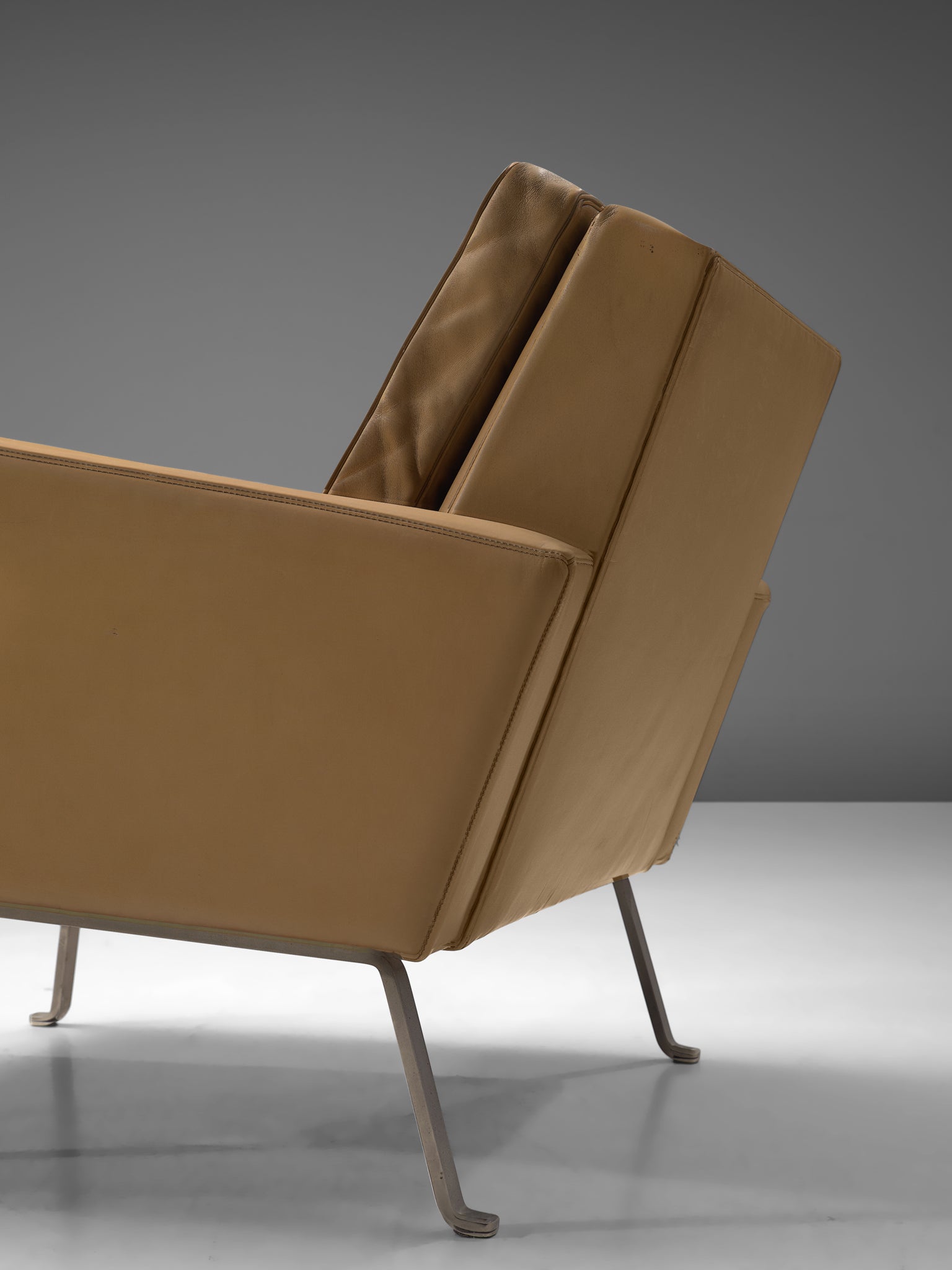 Roland Ranier Pair of Easy Chairs in Beige Leather and Metal Seating Morentz
