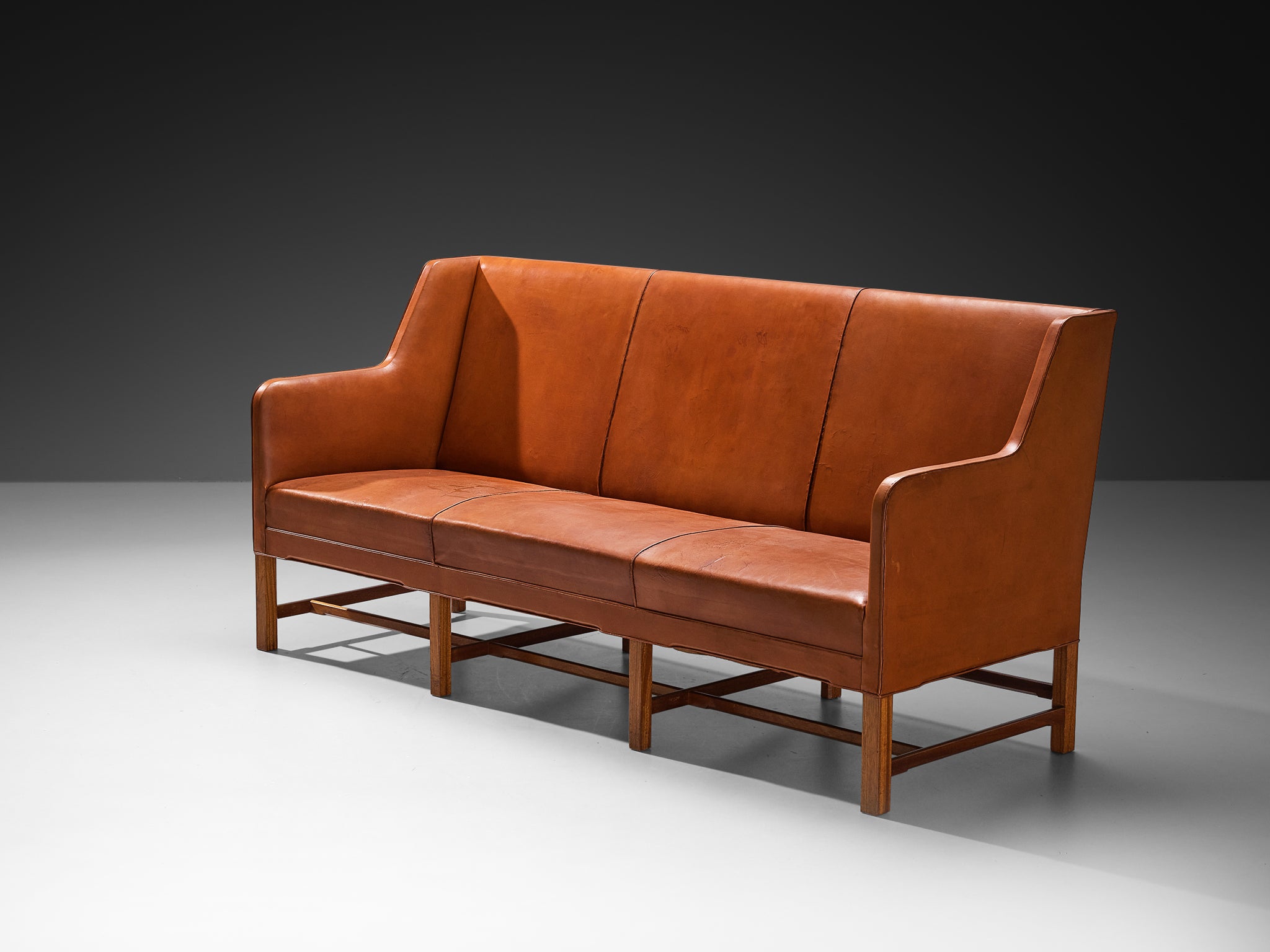 Kaare Klint for Rud Rasmussen Sofa '5011' in Cognac Leather and Mahogany Seating Morentz
