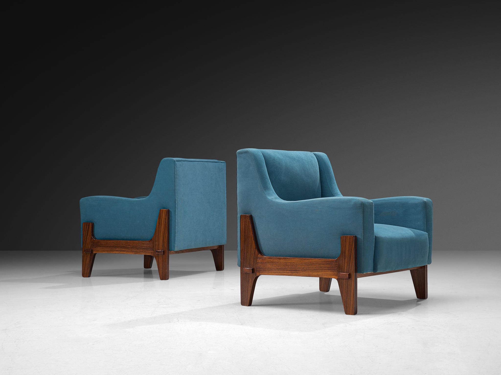 Mid-Century Italian Pair of Lounge Chairs in Sky Blue Upholstery and Wood Seating Morentz