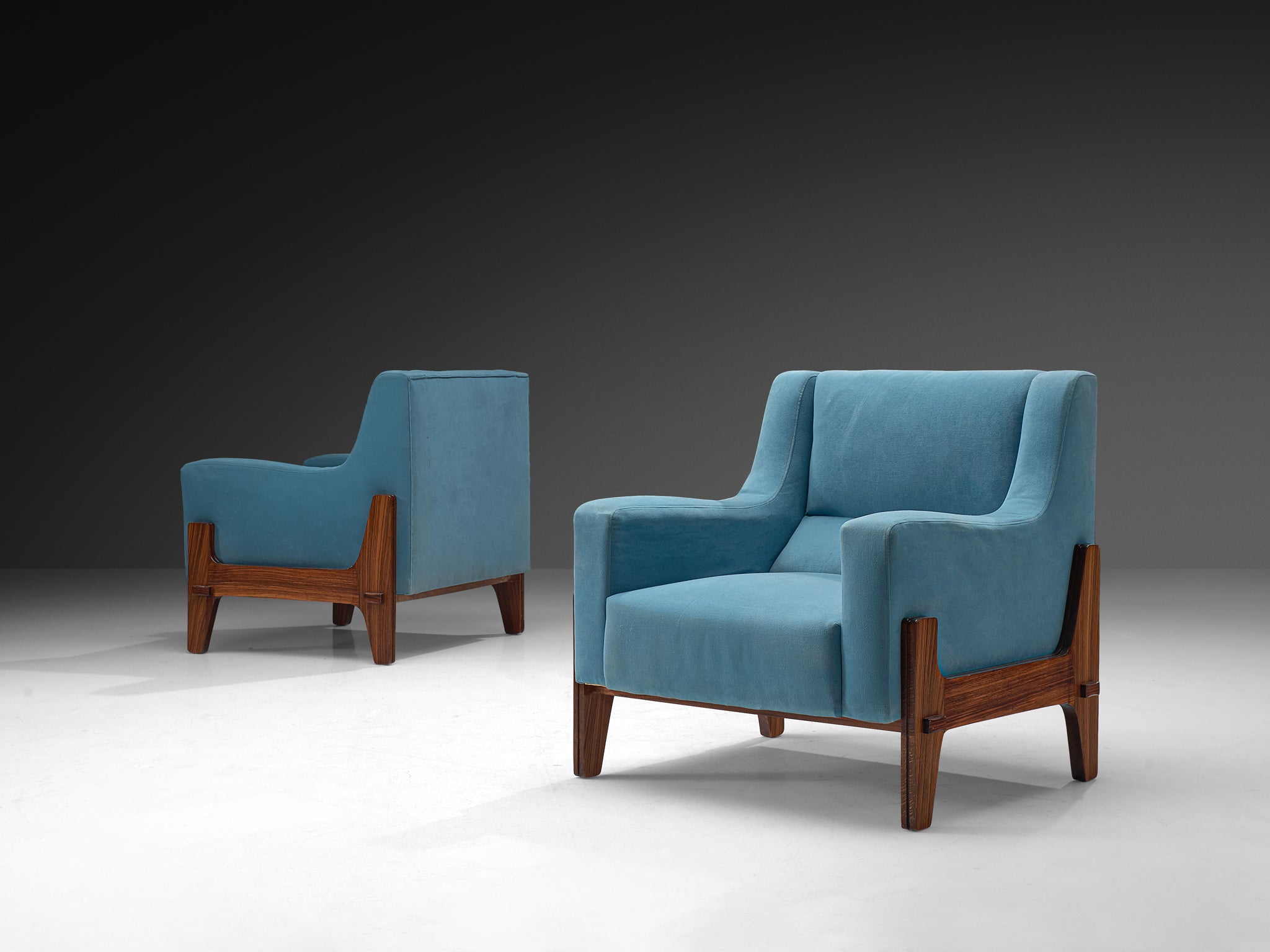 Mid-Century Italian Pair of Lounge Chairs in Sky Blue Upholstery and Wood Seating Morentz