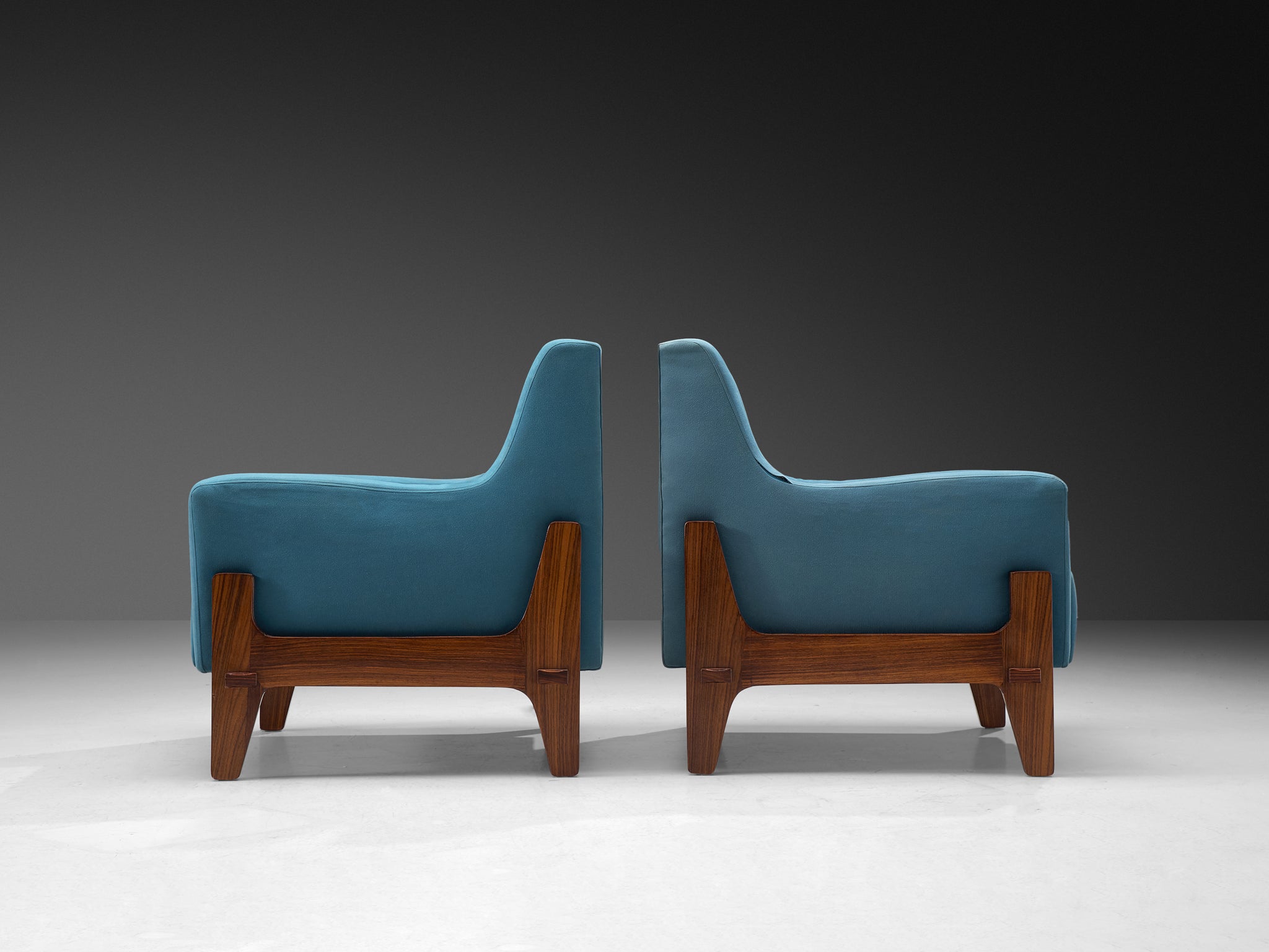 Mid-Century Italian Pair of Lounge Chairs in Sky Blue Upholstery and Wood Seating Morentz