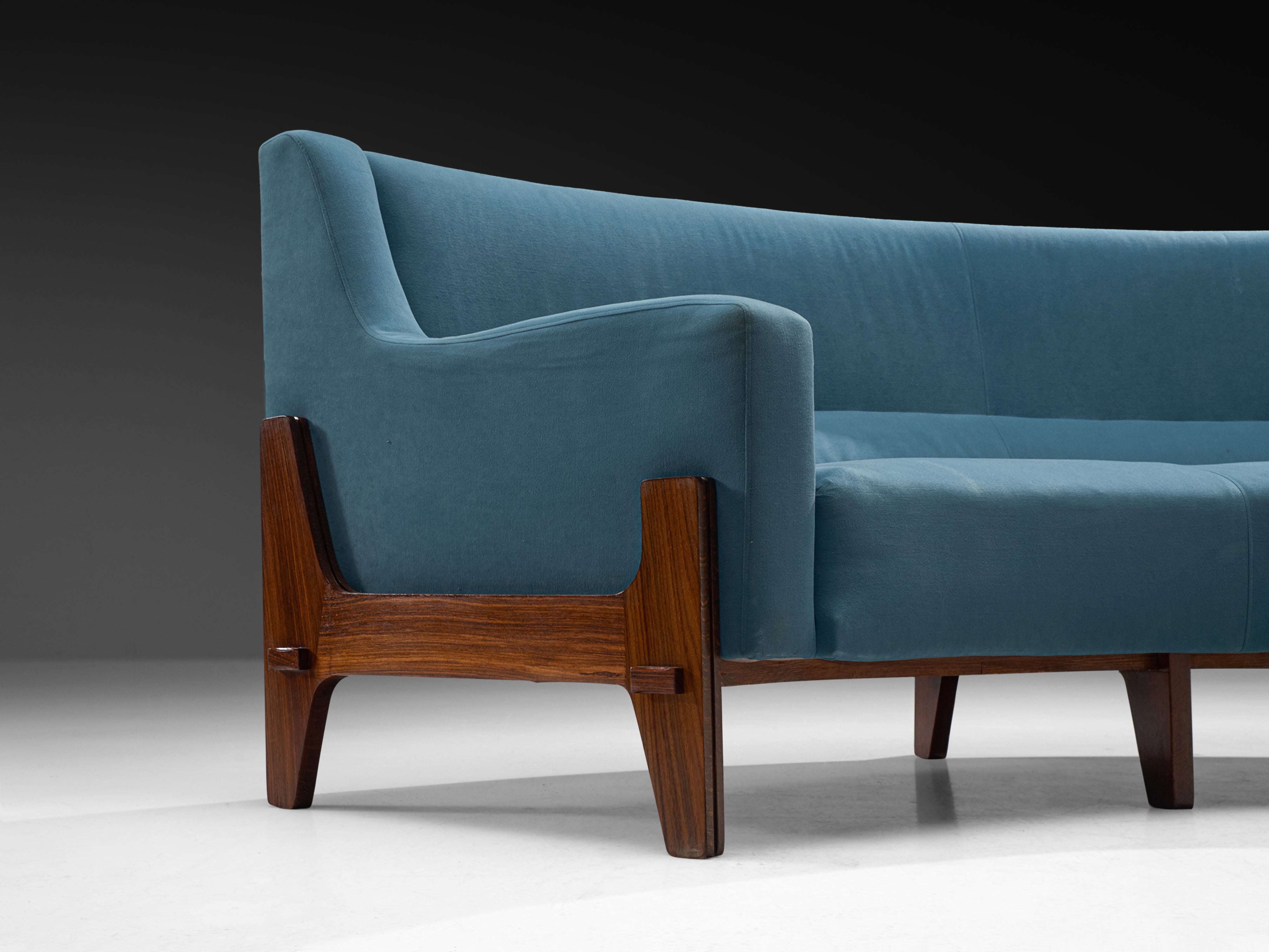 Mid-Century Grand Italian Curved Sofa in Sky Blue Upholstery and Wood 300cm