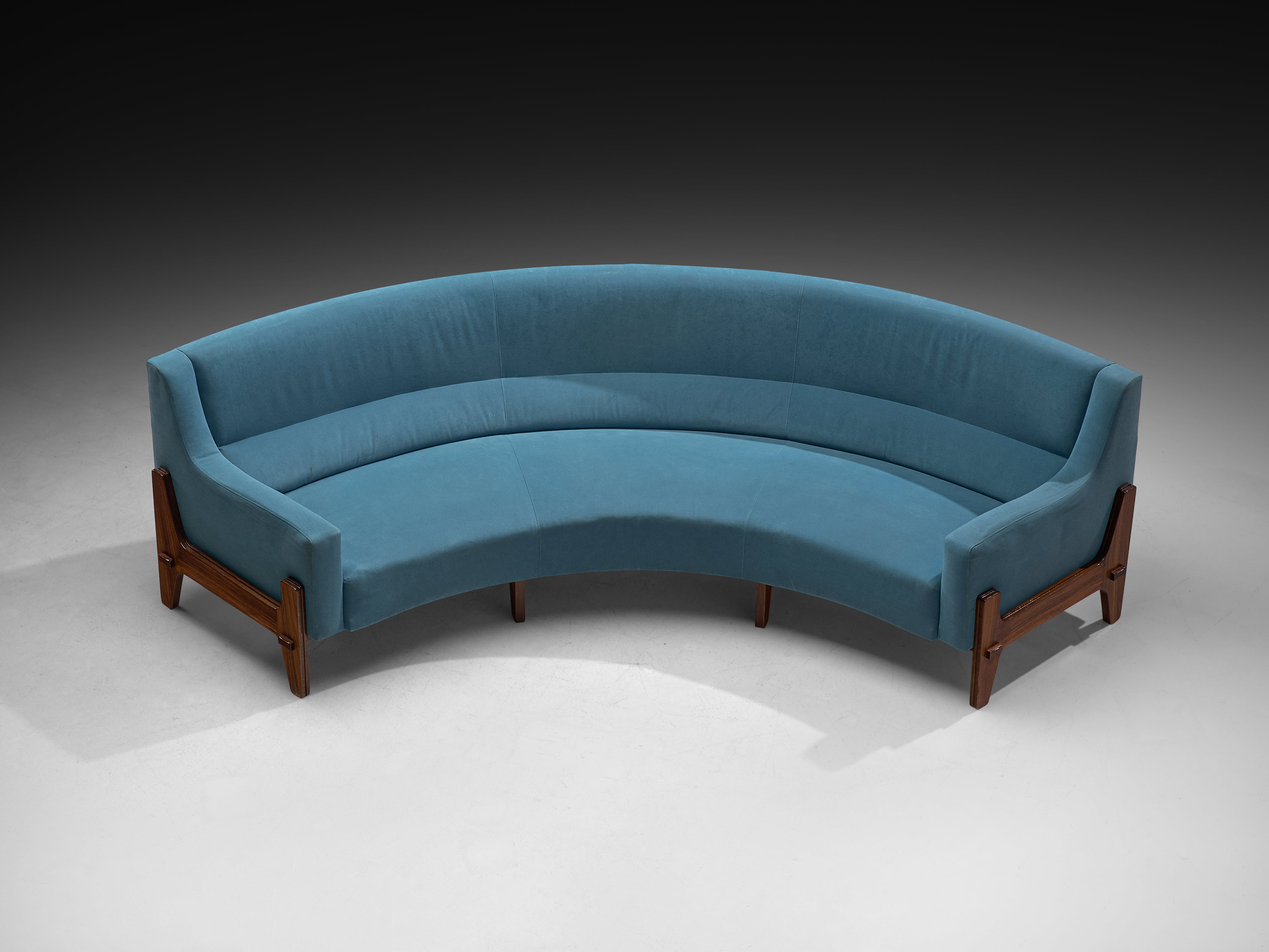 Mid-Century Grand Italian Curved Sofa in Sky Blue Upholstery and Wood 300cm Seating Morentz
