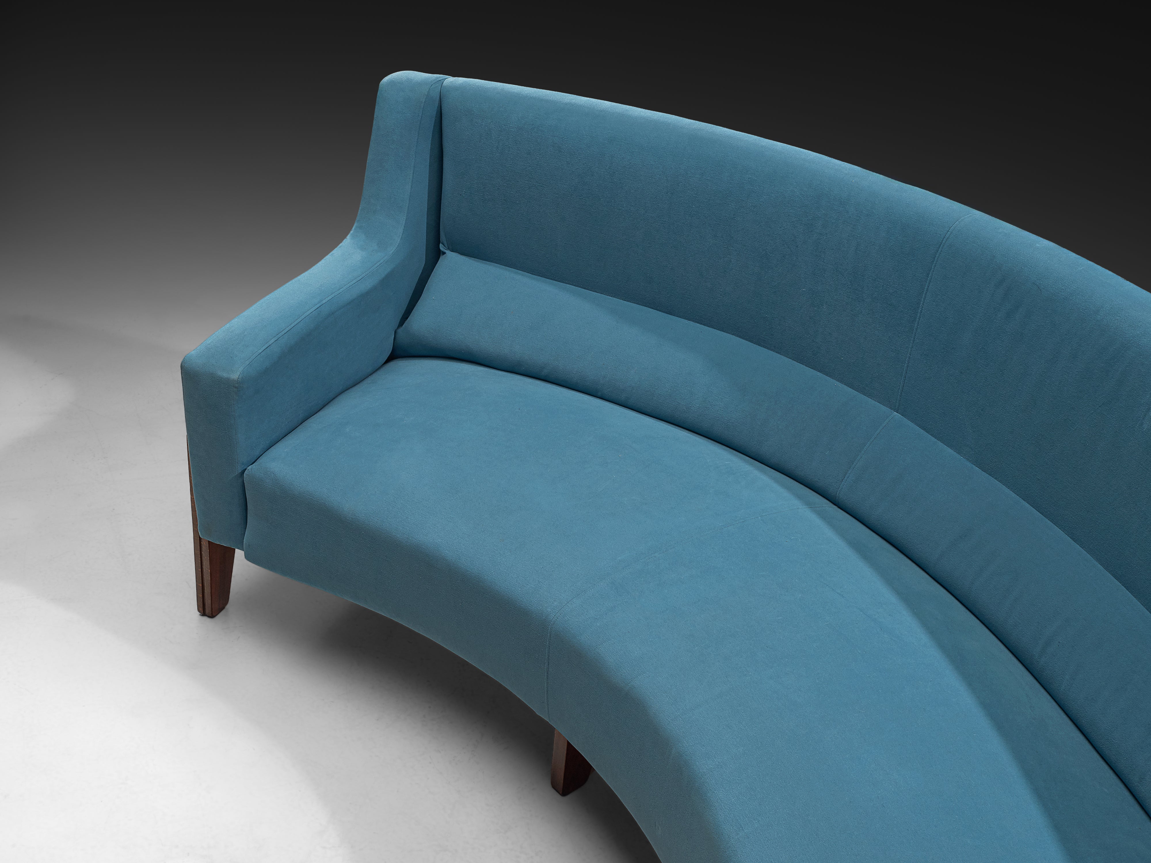 Mid-Century Grand Italian Curved Sofa in Sky Blue Upholstery and Wood 300cm Seating Morentz