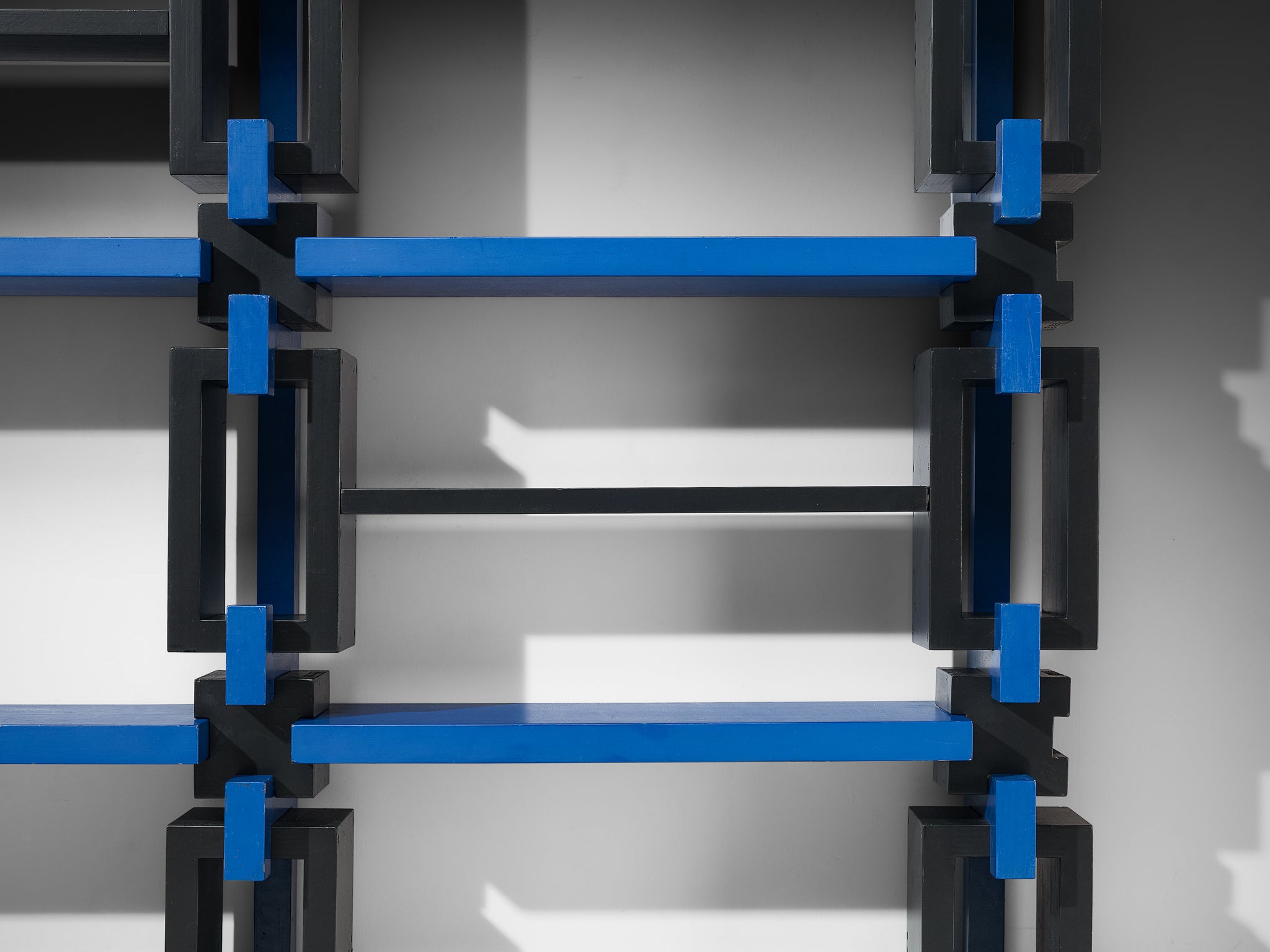 Italian Postmodern Architectural Wall Unit in Lacquered Black and Blue Wood Case pieces and storage cabinets Morentz