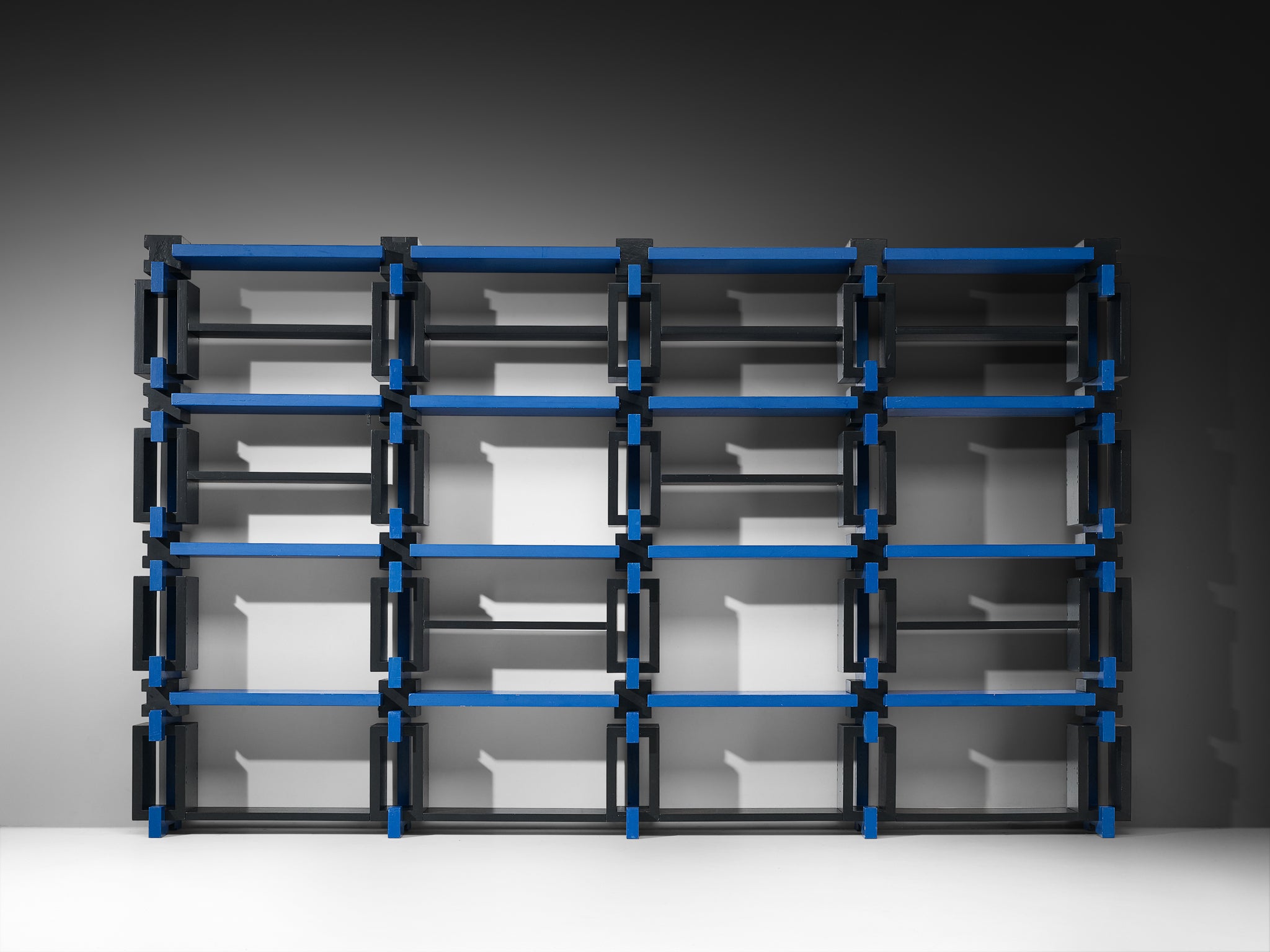 Italian Postmodern Architectural Wall Unit in Lacquered Black and Blue Wood Case pieces and storage cabinets Morentz