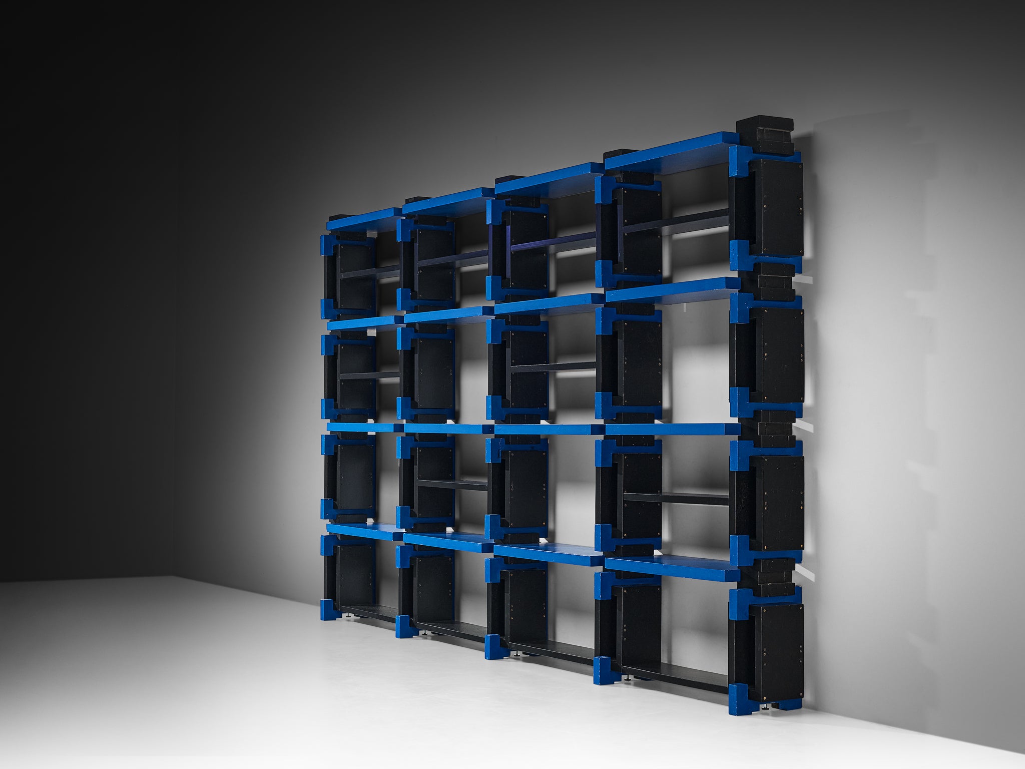 Italian Postmodern Architectural Wall Unit in Lacquered Black and Blue Wood Case pieces and storage cabinets Morentz