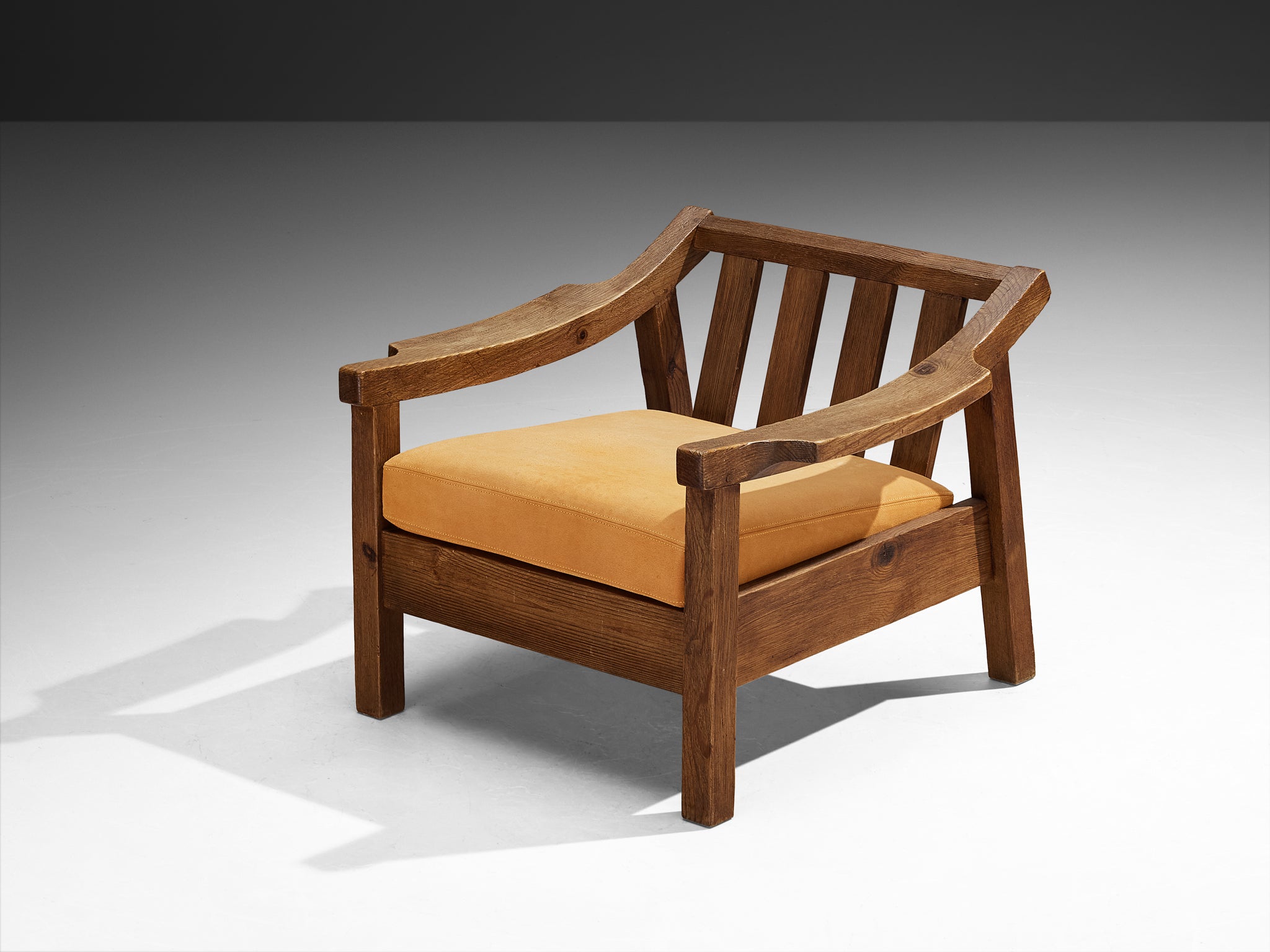 Brutalist Spanish Lounge Chair in Solid Oak and Warm Ochre Suede