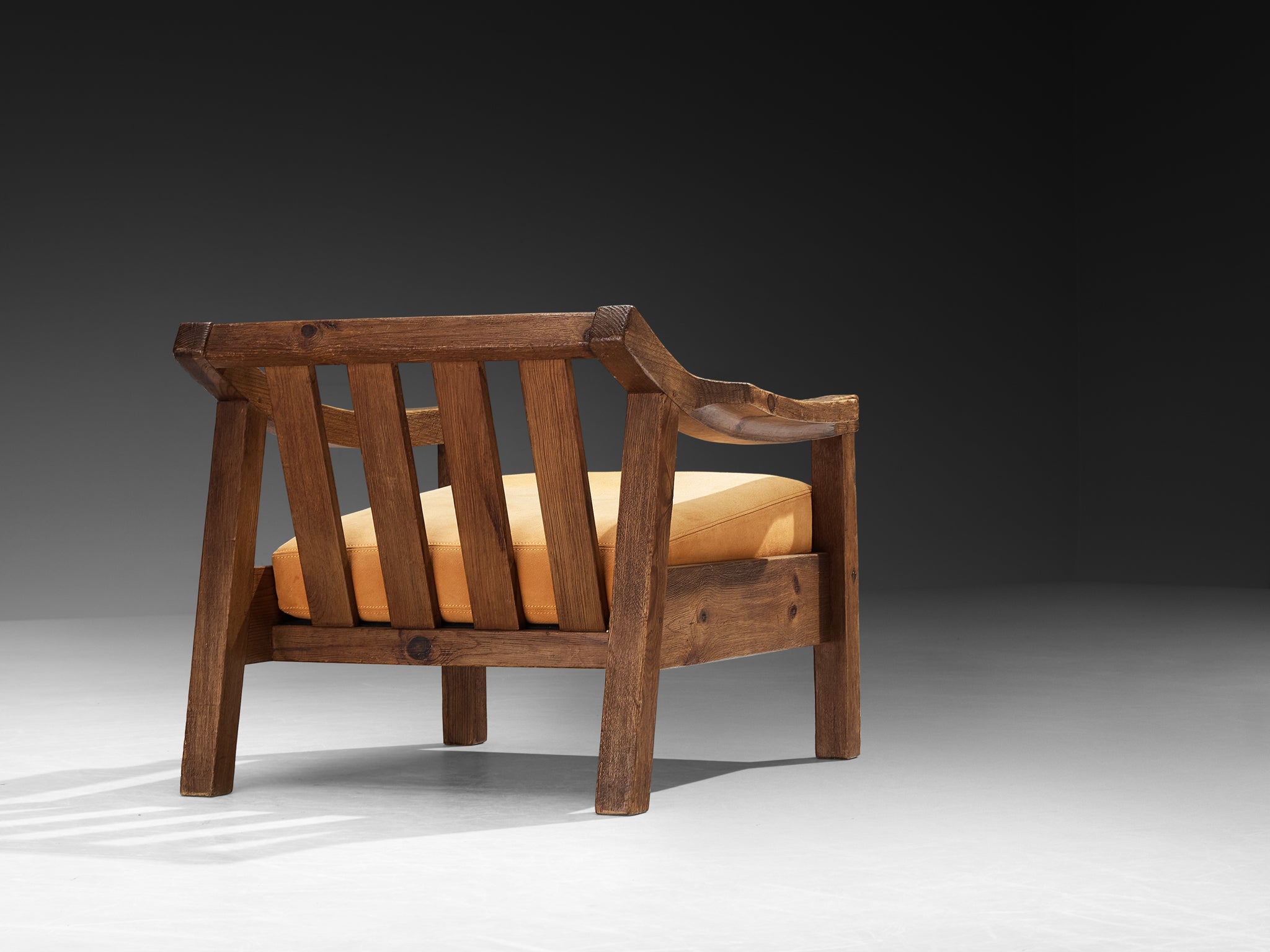 Brutalist Spanish Lounge Chair in Solid Oak and Warm Ochre Suede Seating Morentz
