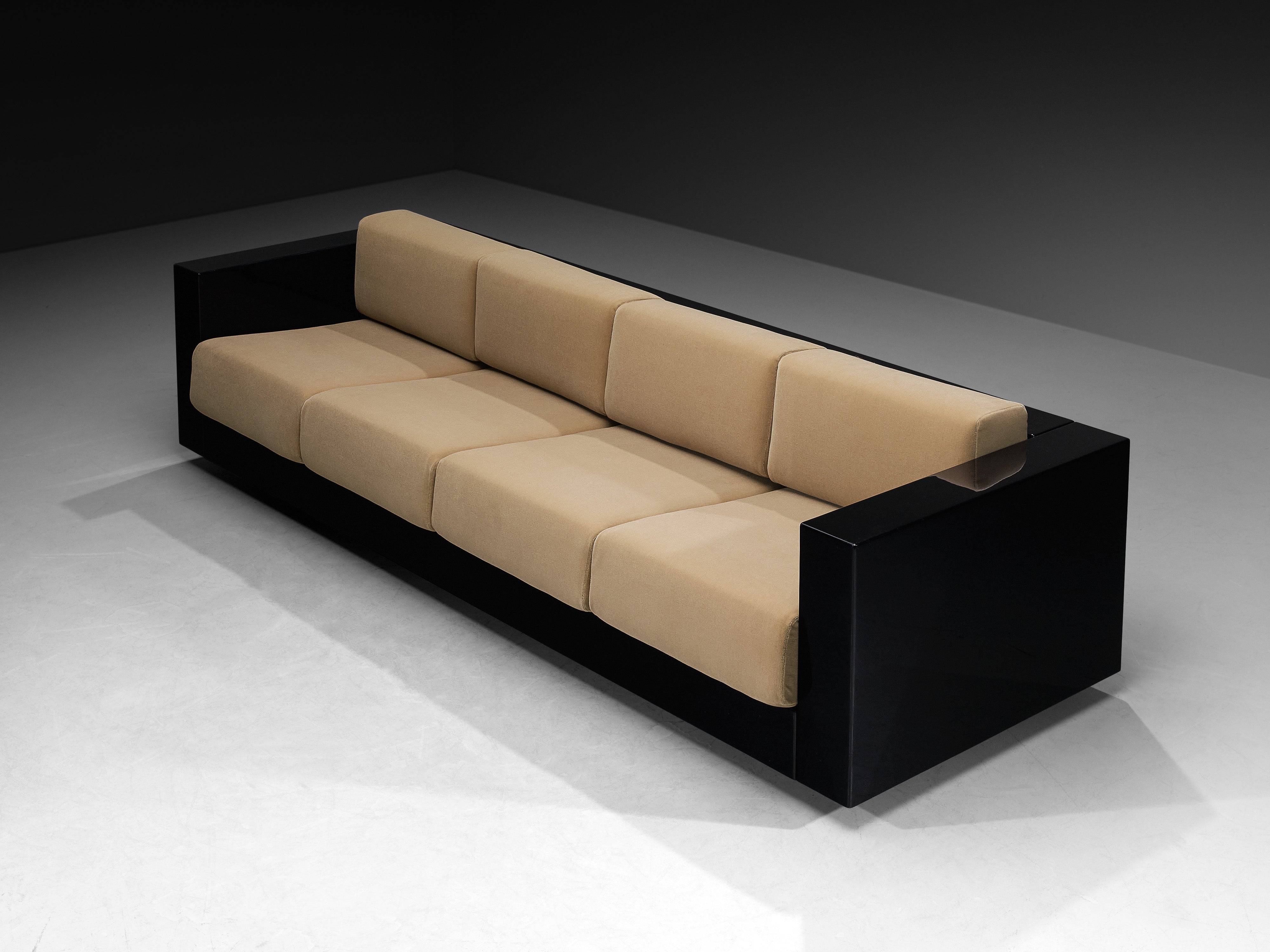 Massimo and Lella Vignelli for Poltronova 'Saratoga' Four-Seat Sofa Reupholstered in Beige Velvet Seating Morentz