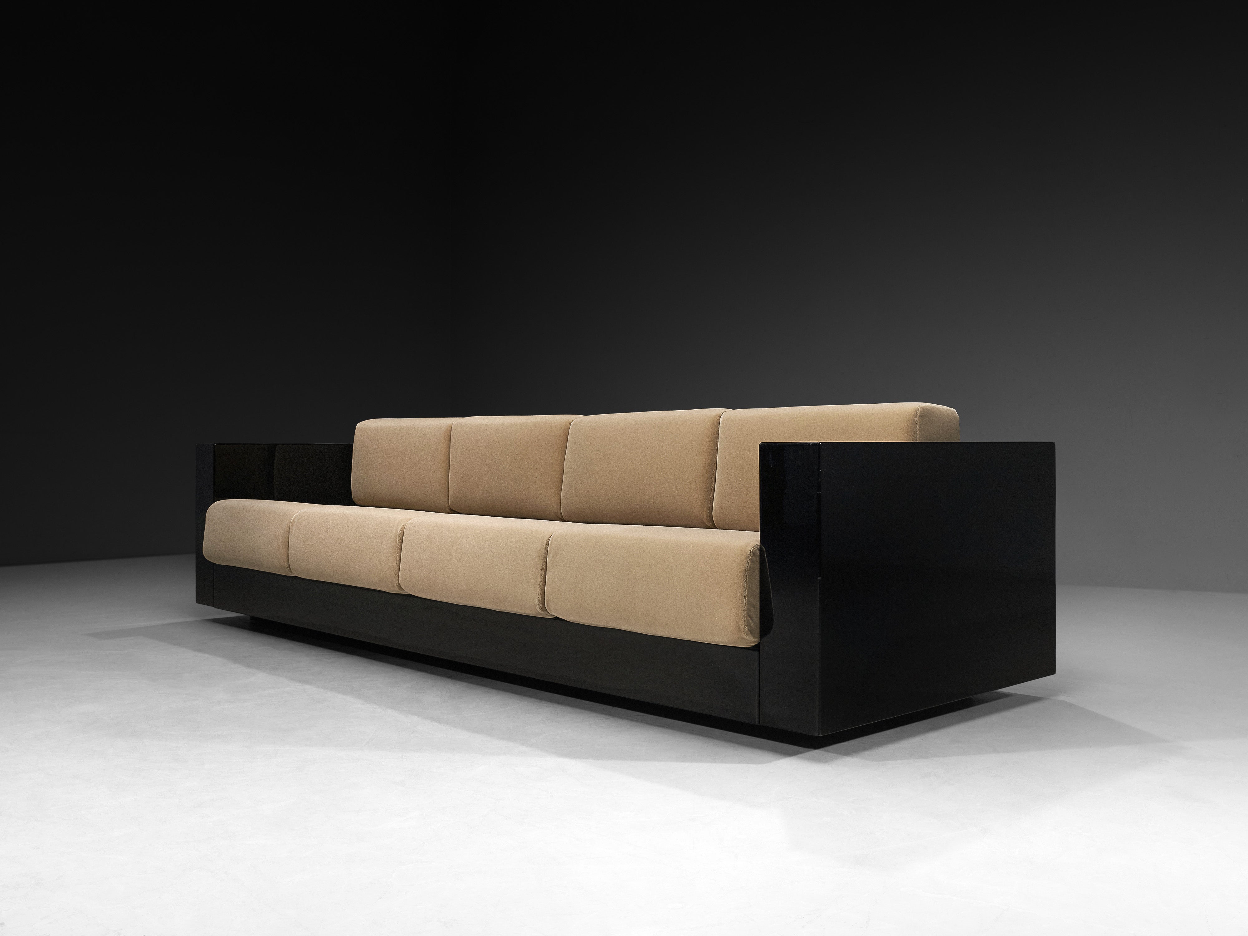 Massimo and Lella Vignelli for Poltronova 'Saratoga' Four-Seat Sofa Reupholstered in Beige Velvet Seating Morentz