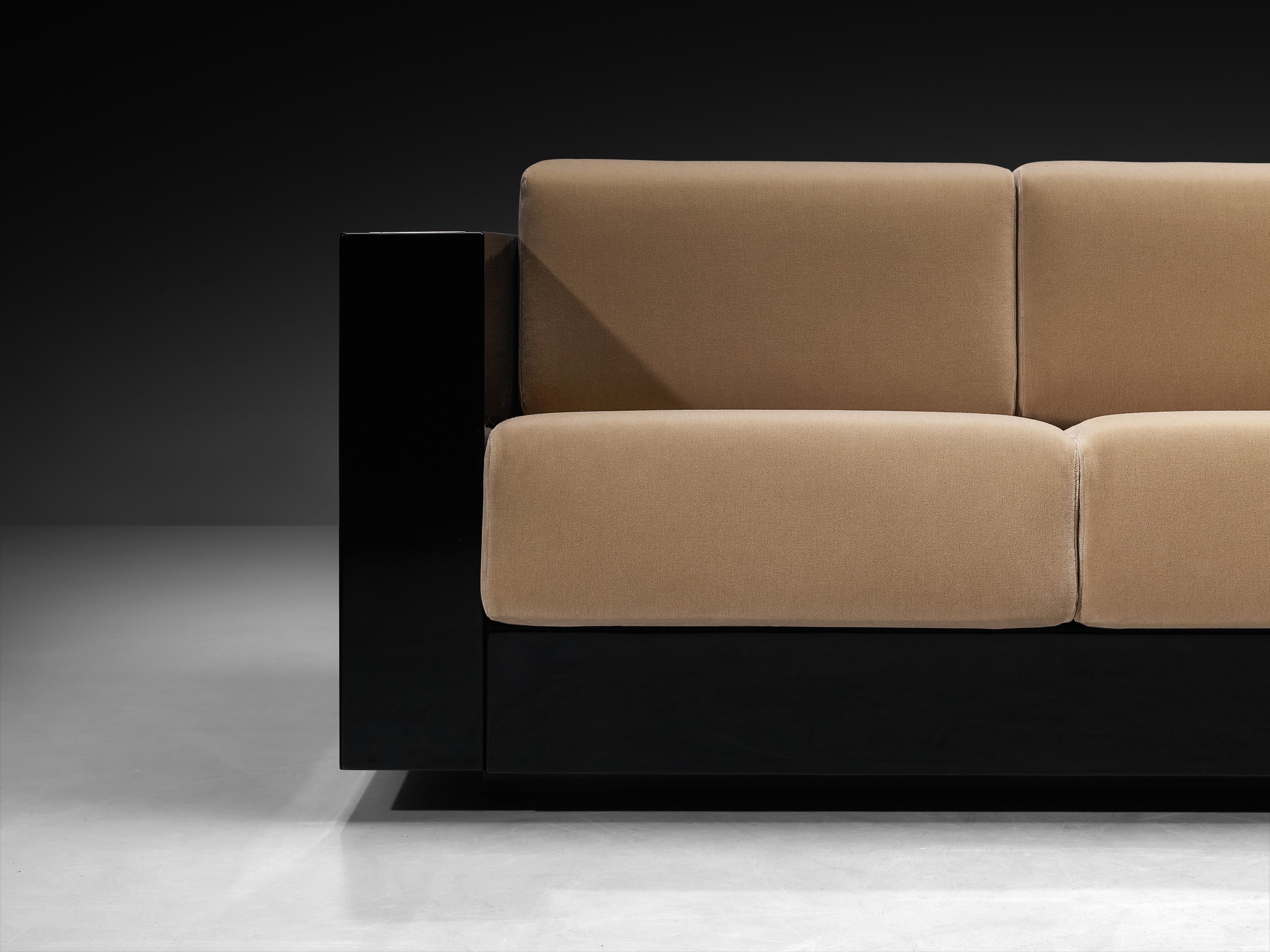 Massimo and Lella Vignelli for Poltronova 'Saratoga' Four-Seat Sofa Reupholstered in Beige Velvet Seating Morentz
