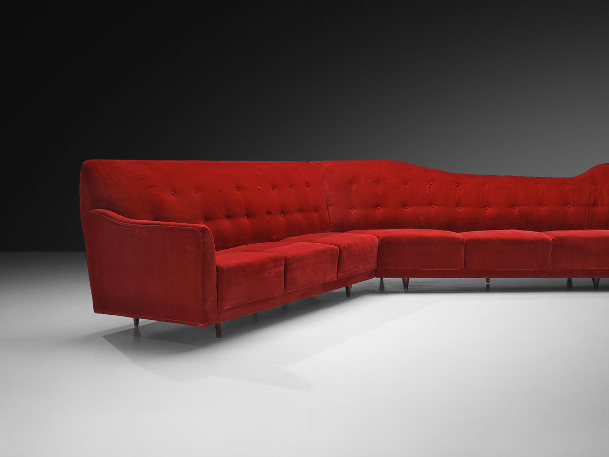 Italian 1950s Corner Sofa in Bright Red Velvet Seating Morentz