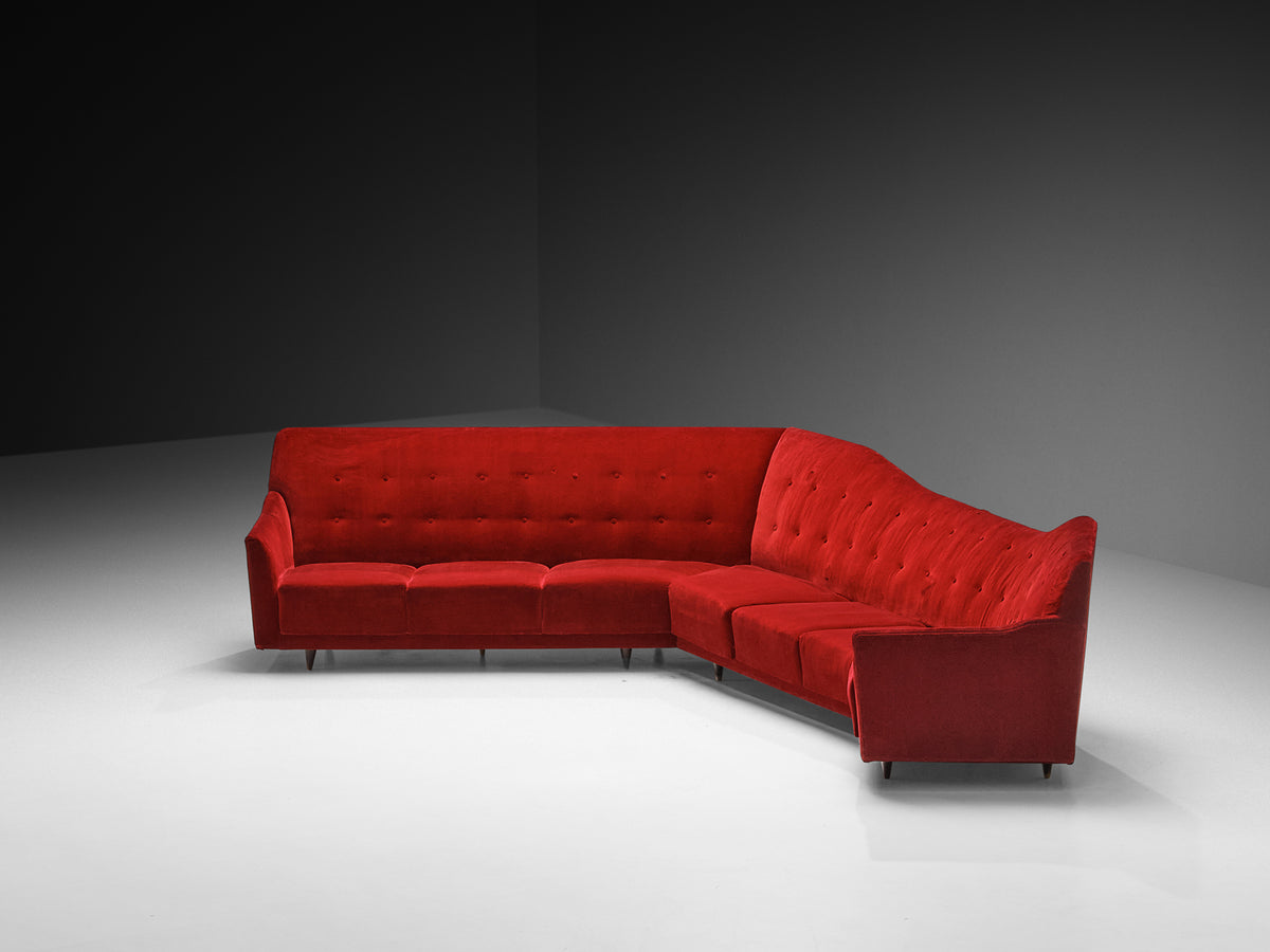 Italian 1950s Corner Sofa in Bright Red Velvet Seating Morentz