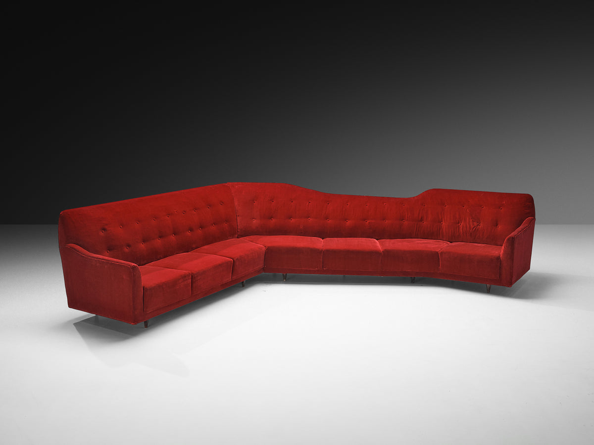 Italian 1950s Corner Sofa in Bright Red Velvet Seating Morentz