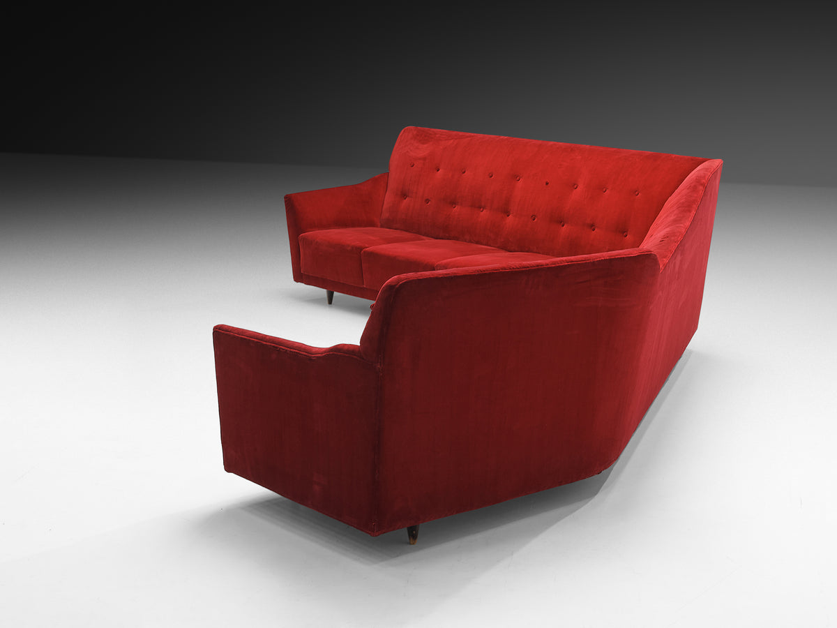 Italian 1950s Corner Sofa in Bright Red Velvet Seating Morentz