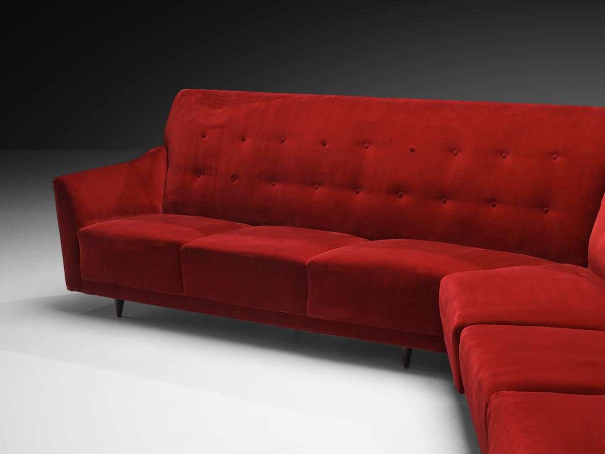 Italian 1950s Corner Sofa in Bright Red Velvet Seating Morentz
