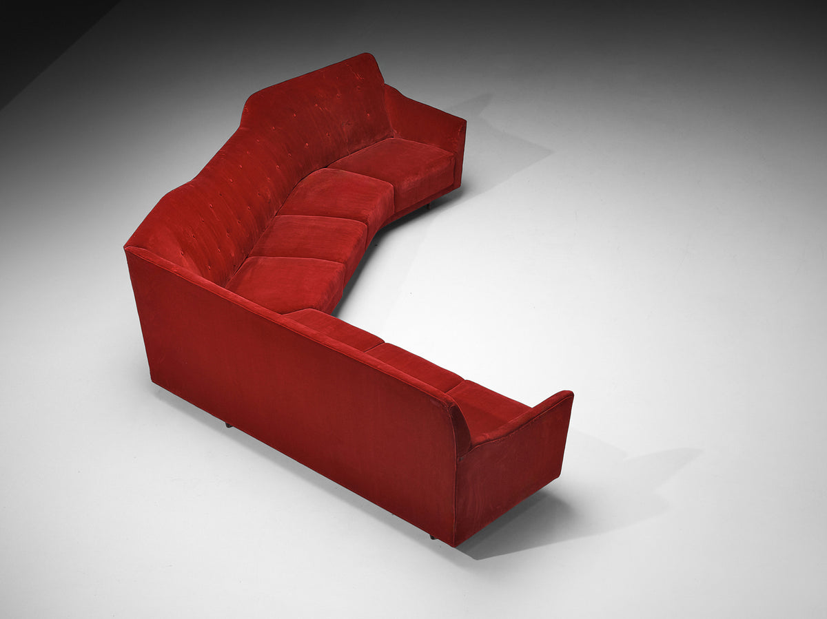 Italian 1950s Corner Sofa in Bright Red Velvet Seating Morentz