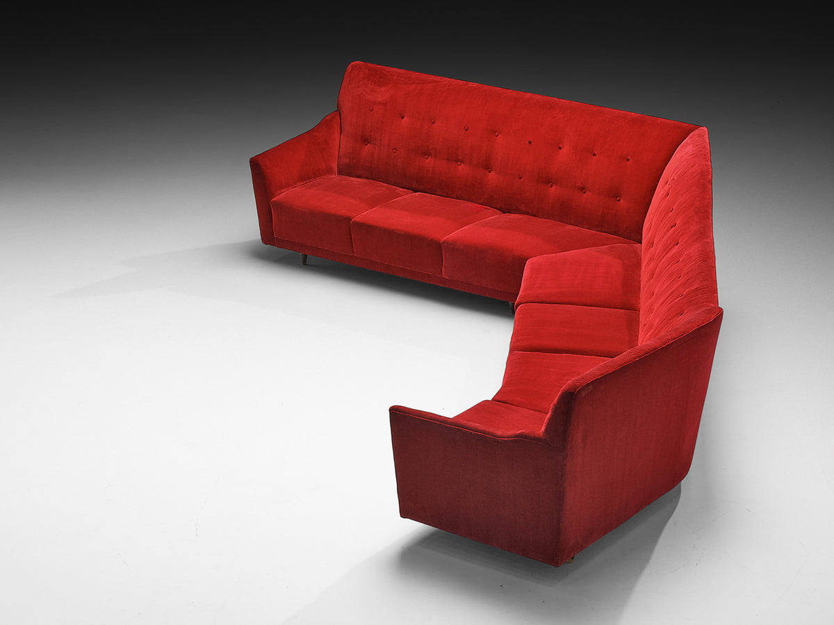 Italian 1950s Corner Sofa in Bright Red Velvet Seating Morentz