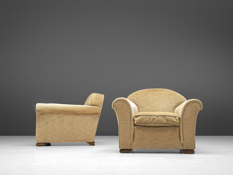 French Pair of Art Deco Lounge Chairs in Beige Upholstery